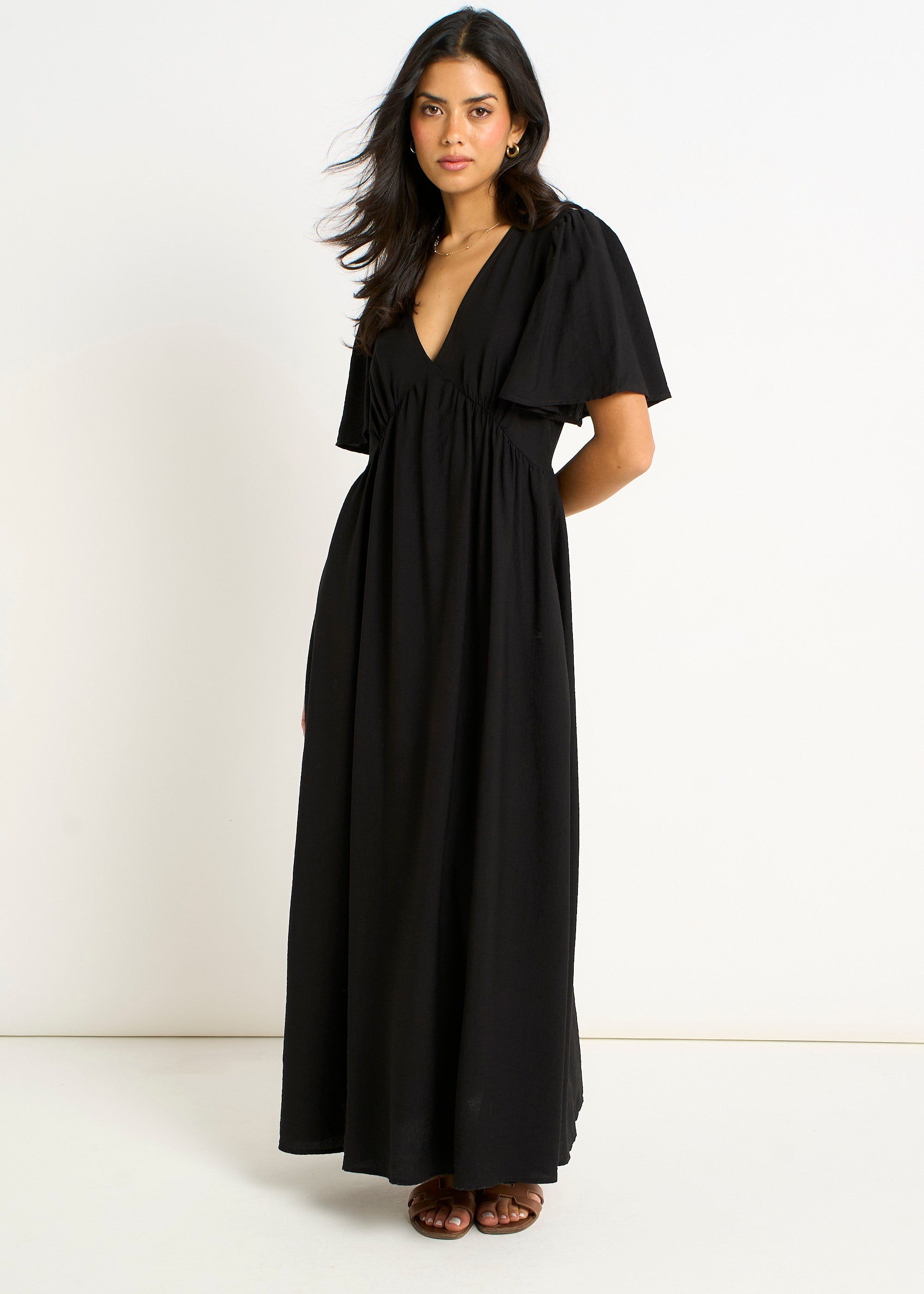 Gini London Black V Neck Angel Sleeves Skater Maxi Dress