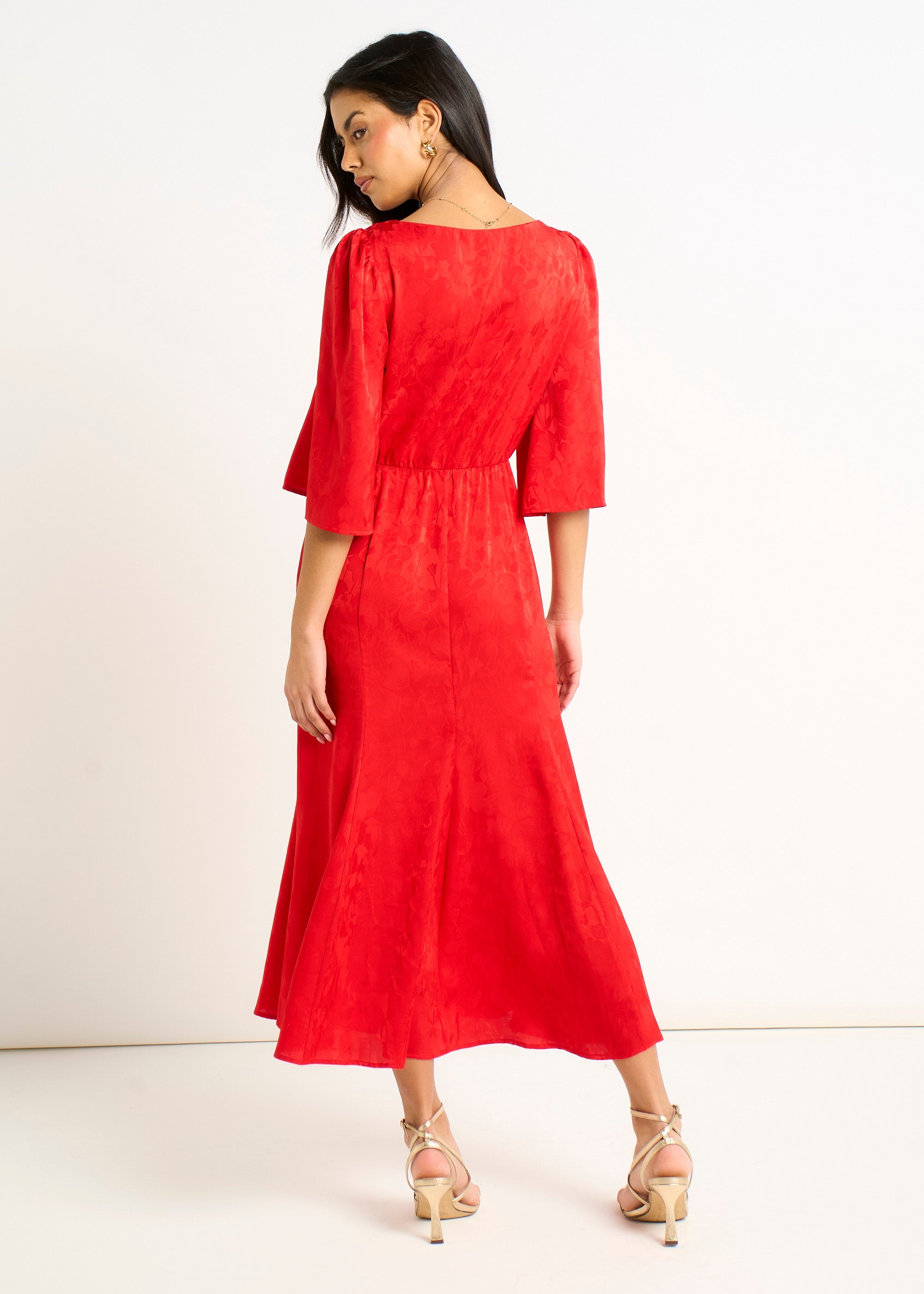 Gini London Red Satin Jacquard Midi Dress