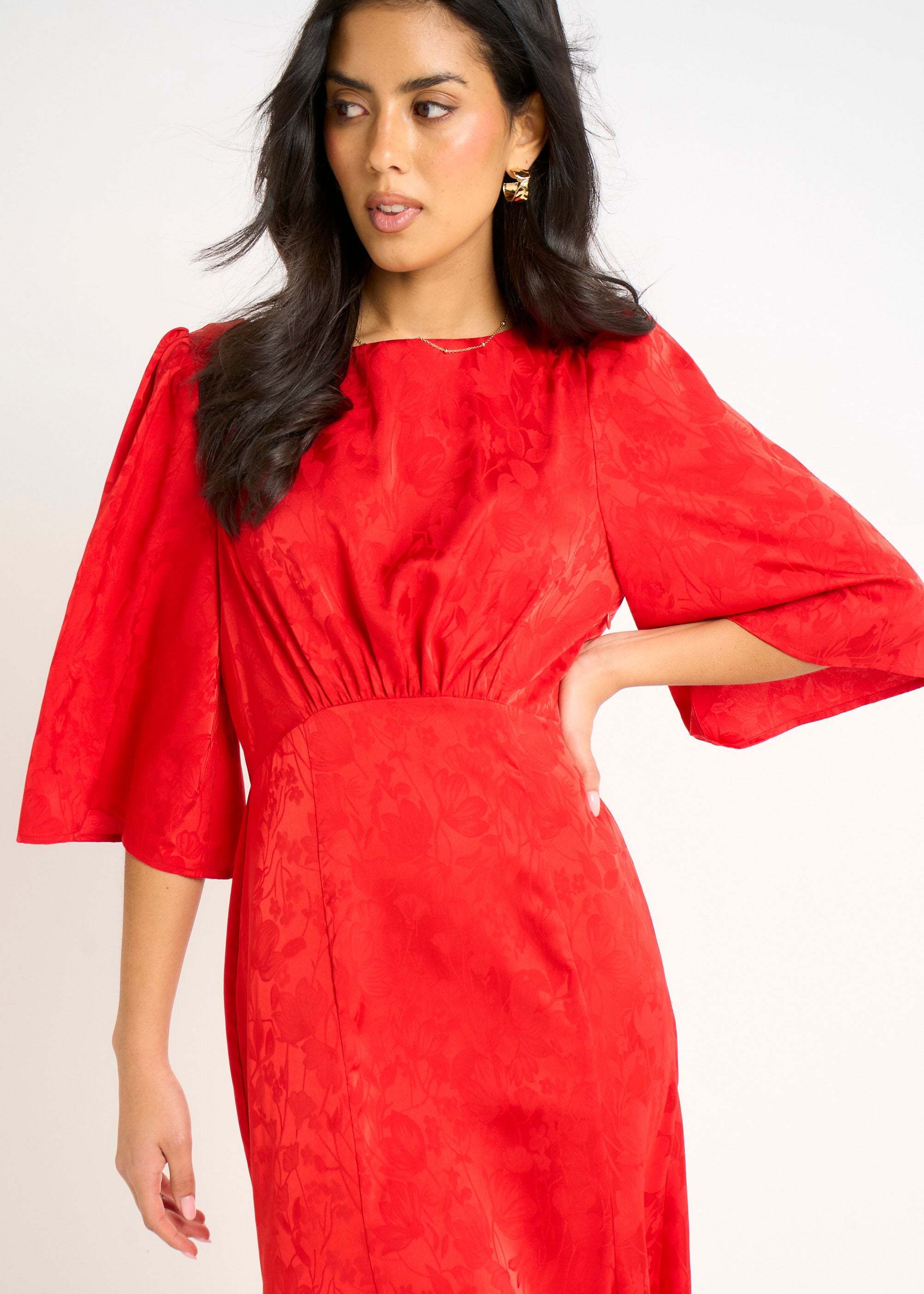 Gini London Red Satin Jacquard Midi Dress