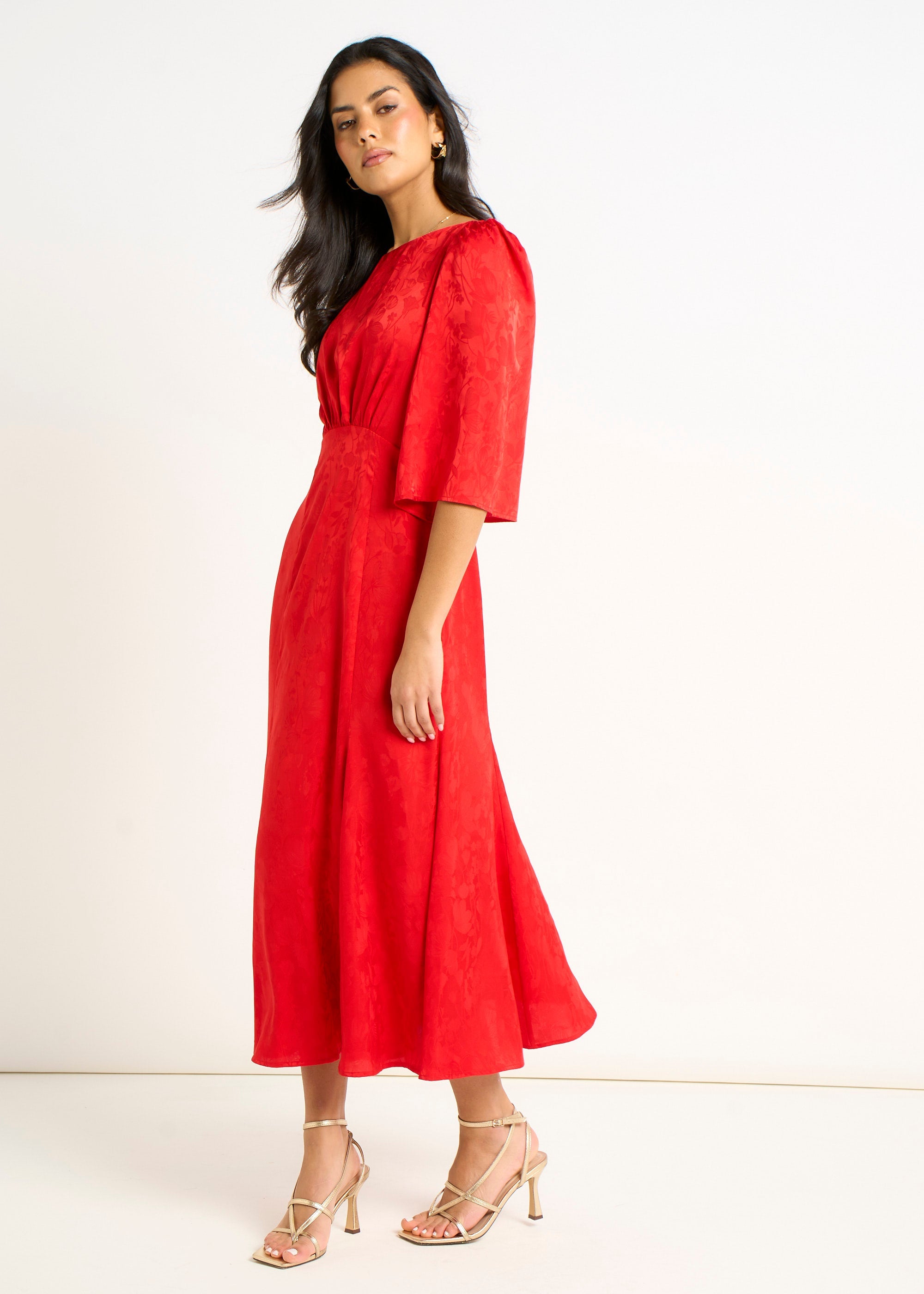 Gini London Red Satin Jacquard Midi Dress