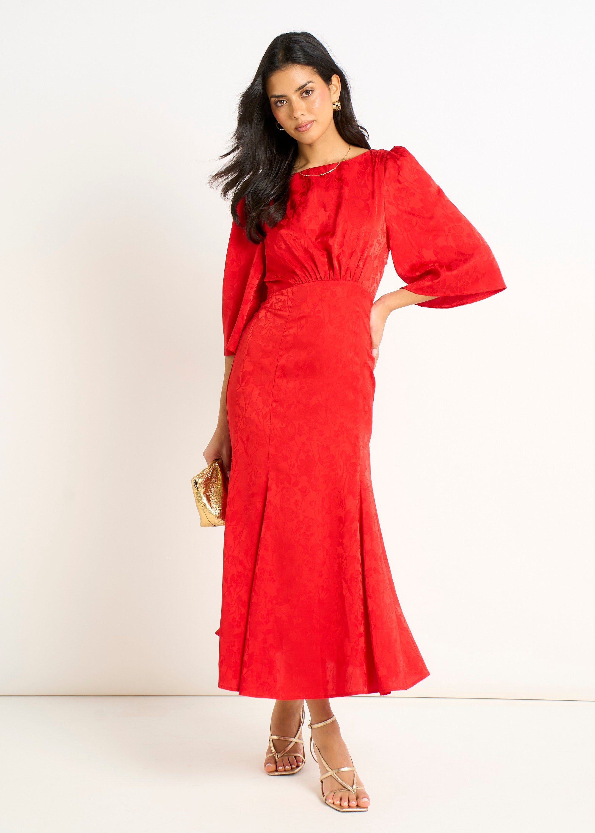Gini London Red Satin Jacquard Midi Dress