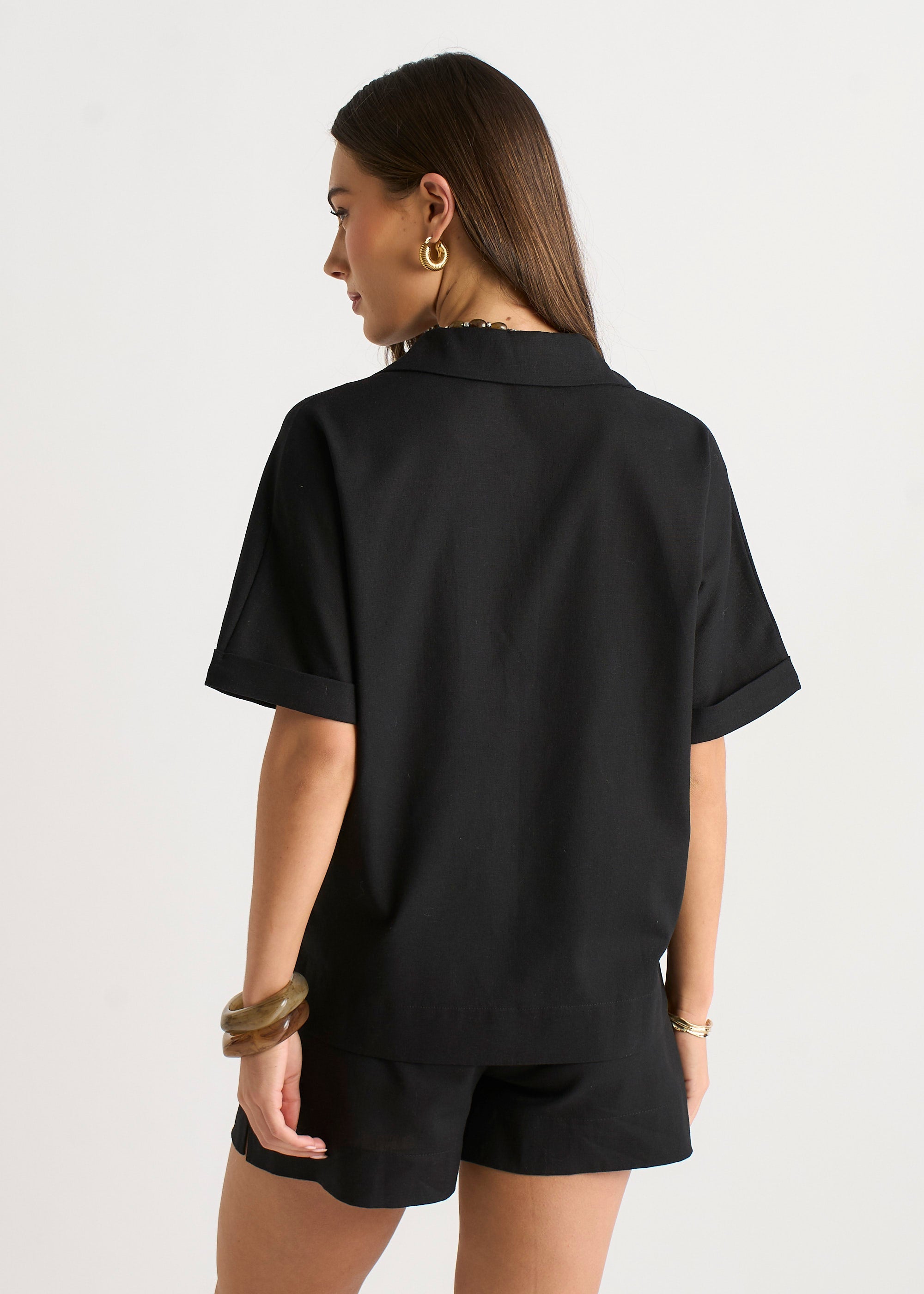 Gini London Black Linen Mix Oversized Button Through Shirt