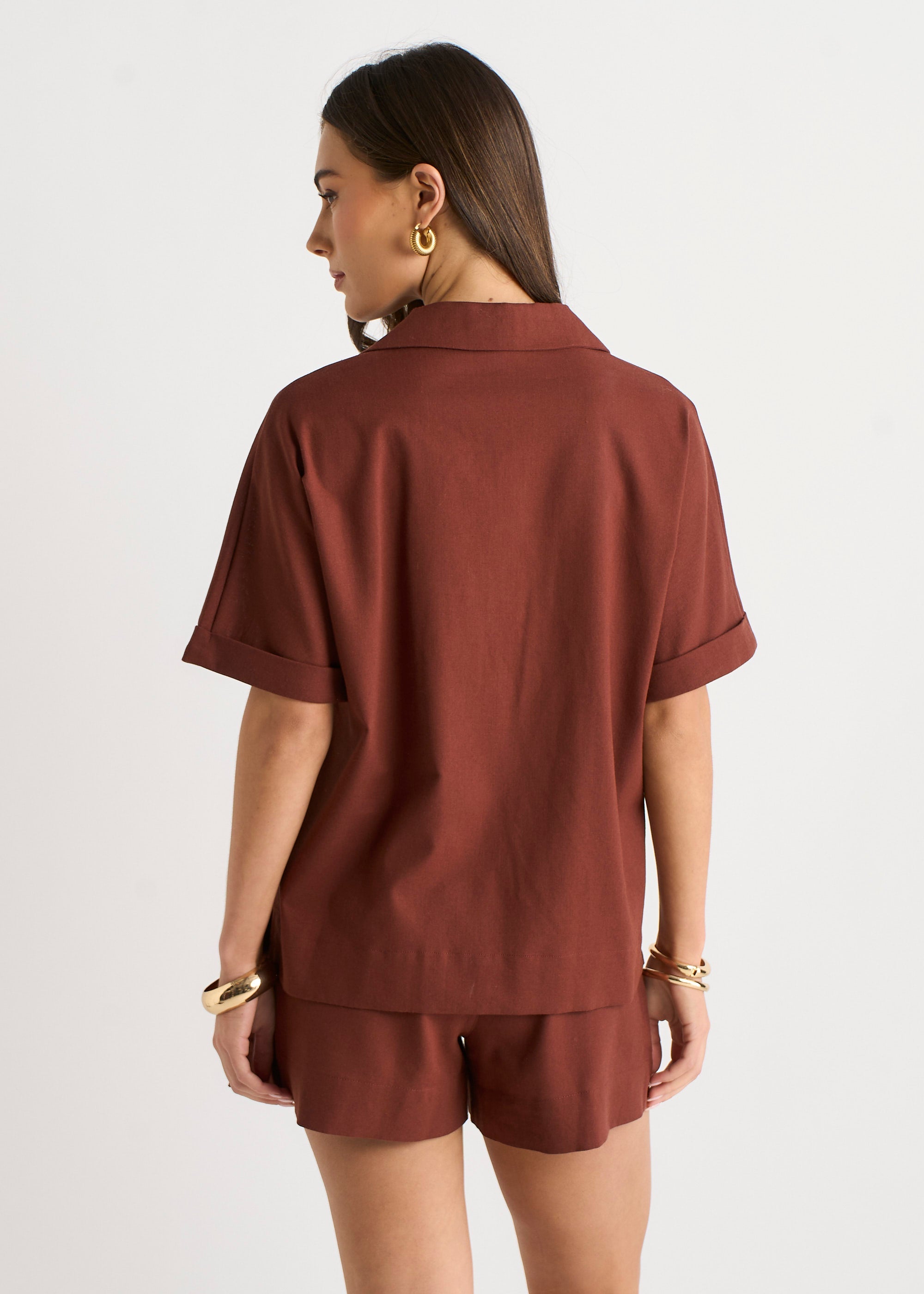 Gini London Chocolate Linen Mix Oversized Button Through Shirt