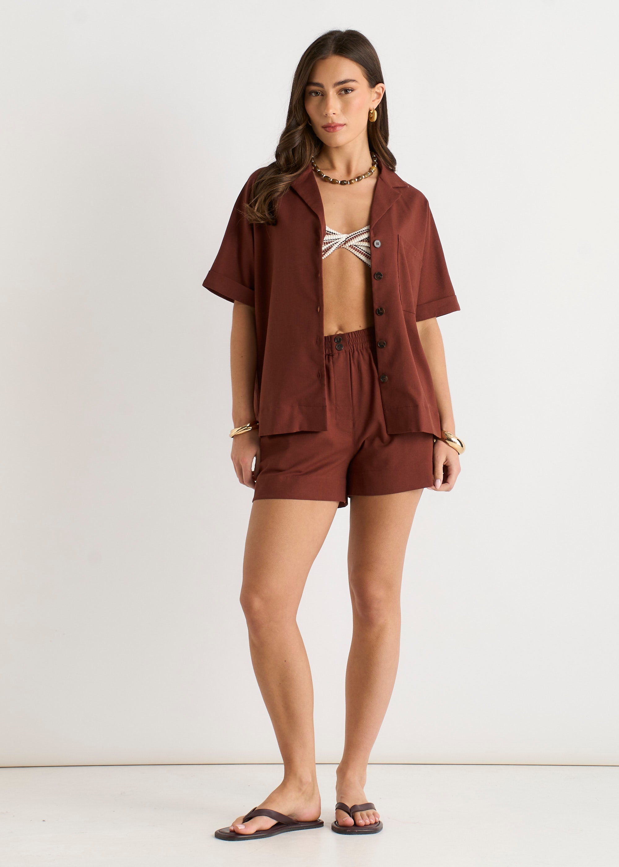 Gini London Chocolate Linen Mix Oversized Button Through Shirt