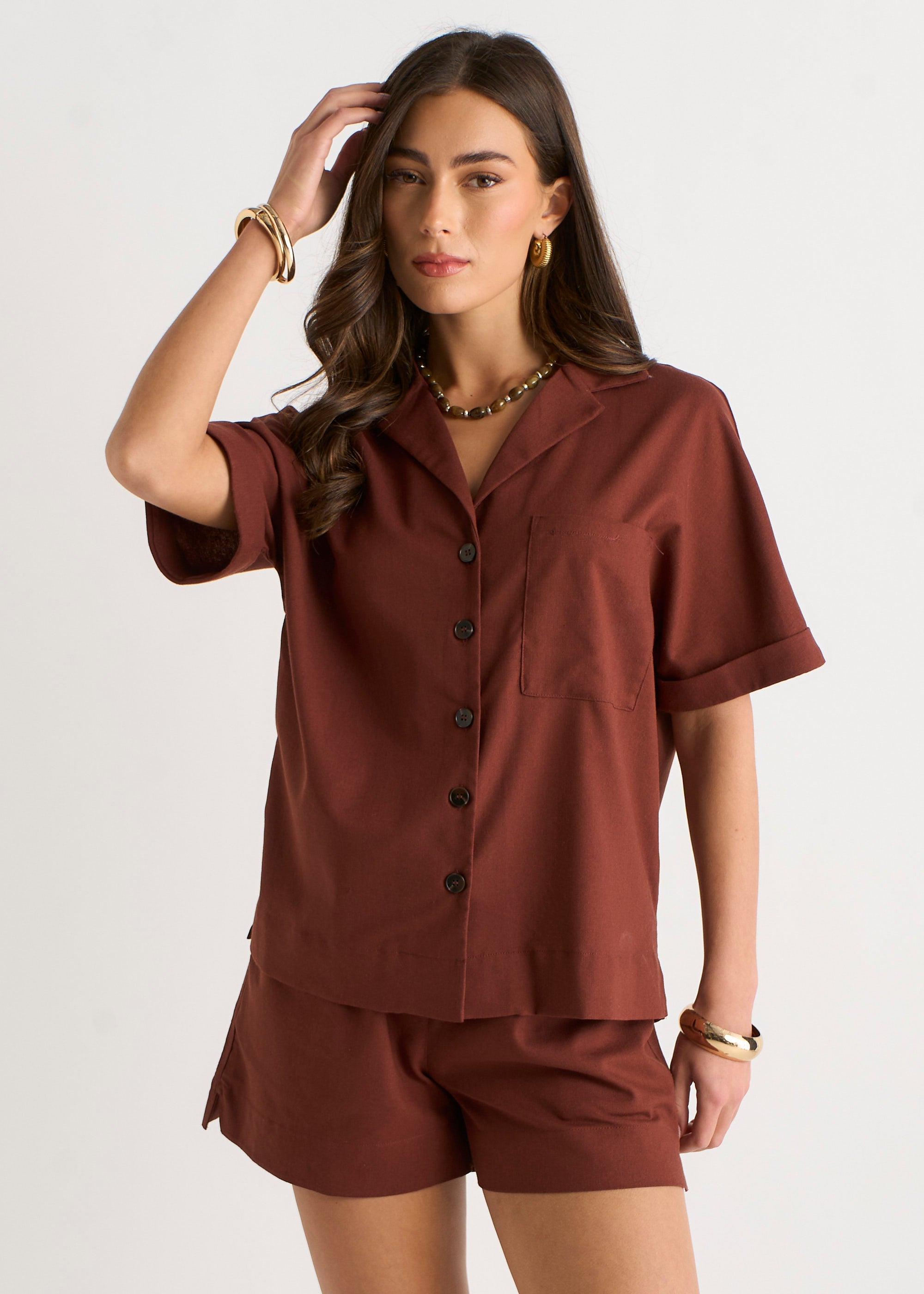 Gini London Chocolate Linen Mix Oversized Button Through Shirt