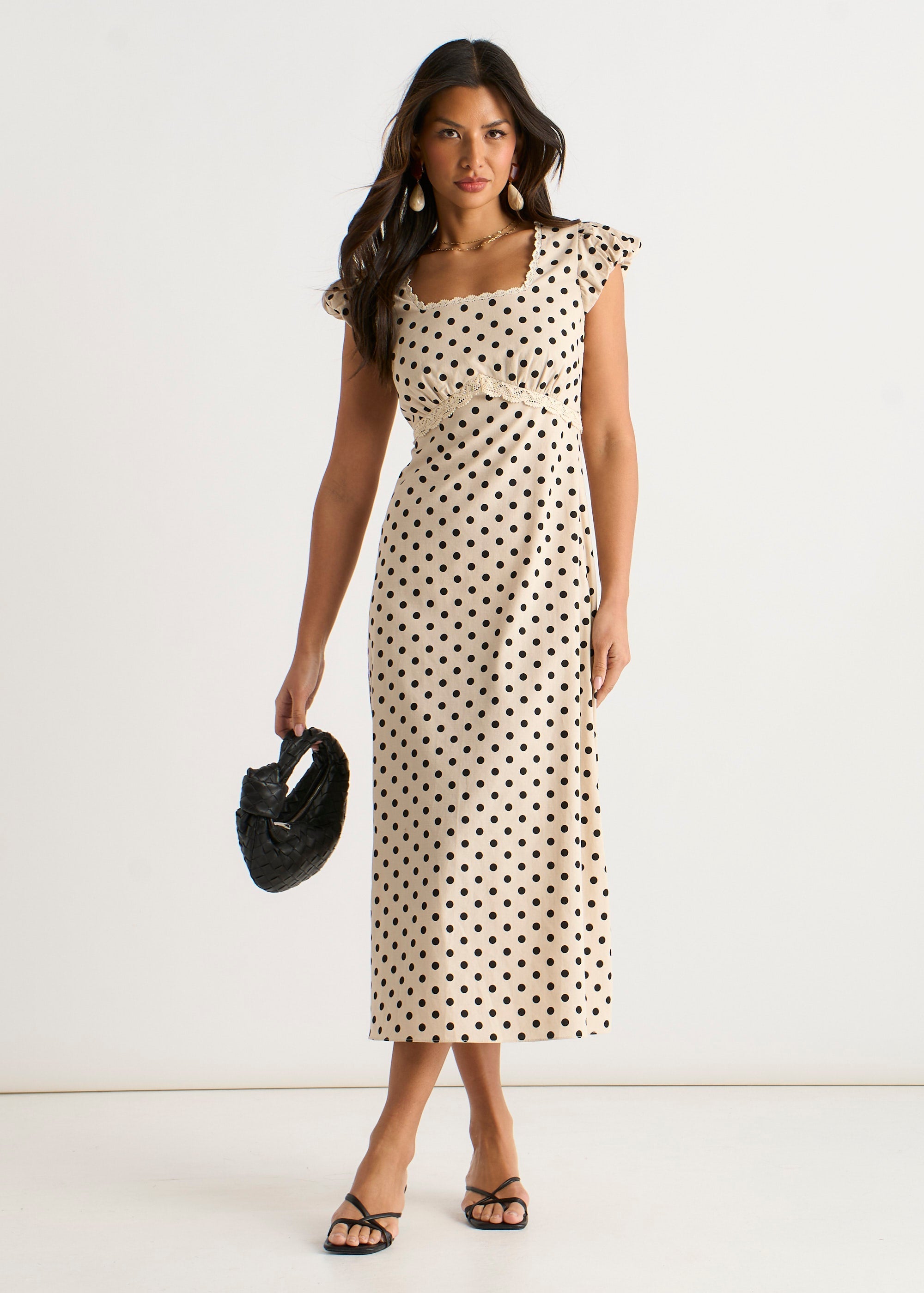 Gini London Cream Cotton Spot Print Lace Trim Midi Dress