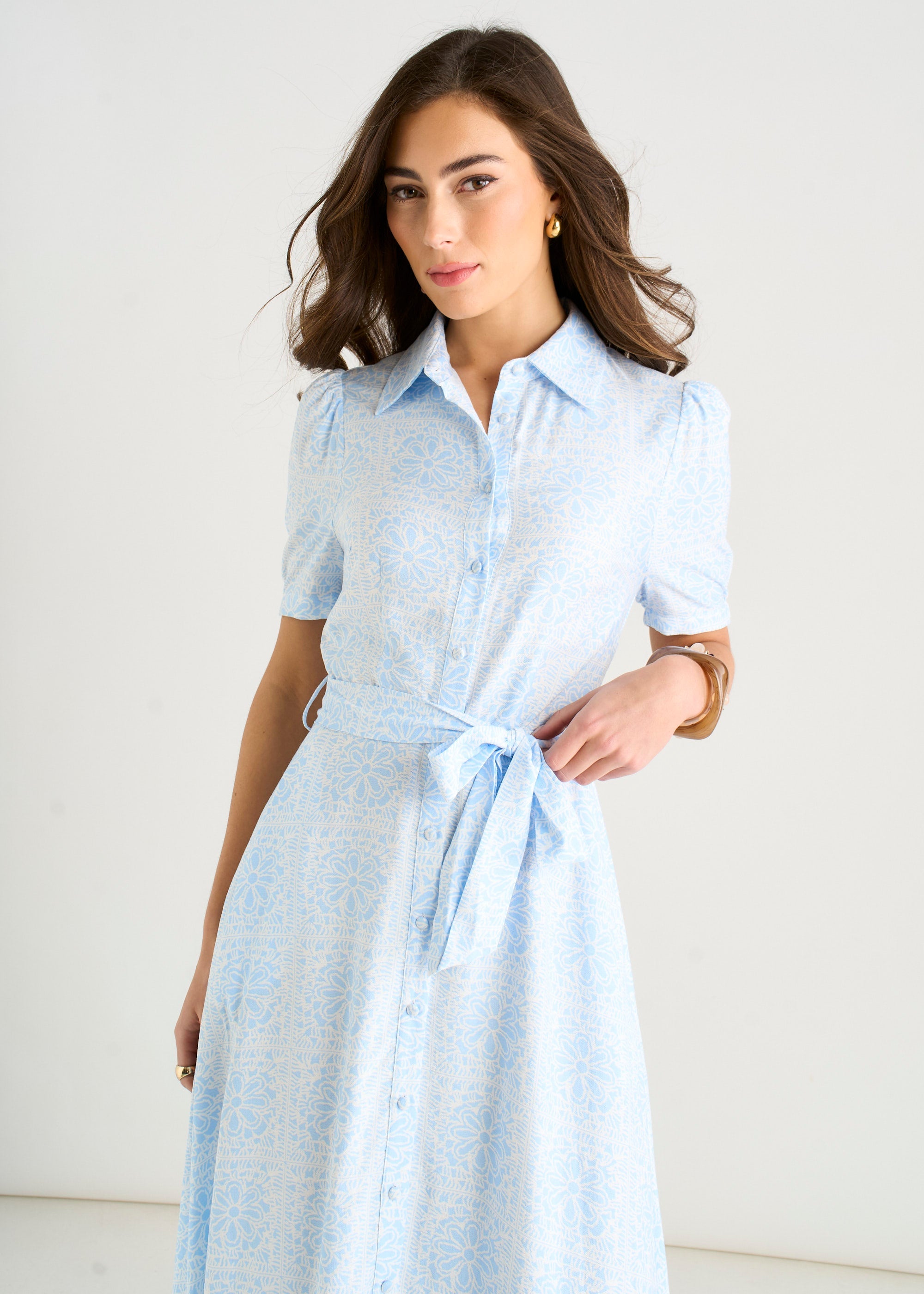 Gini London Cotton Mix Blue Tile Print Button Through Maxi Shirt Dress