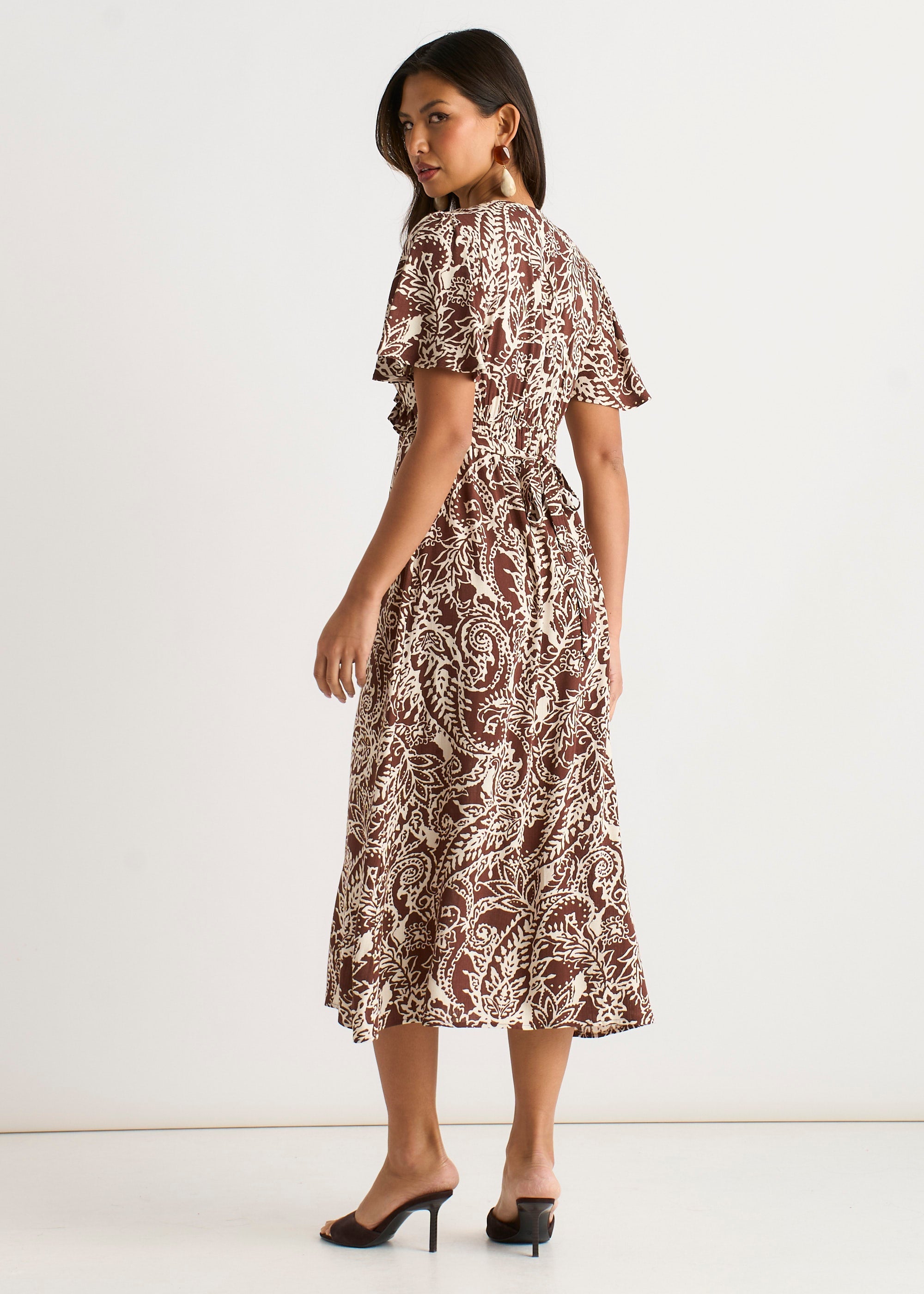 Gini London Chocolate Paisley Print Ruffle Midi Dress