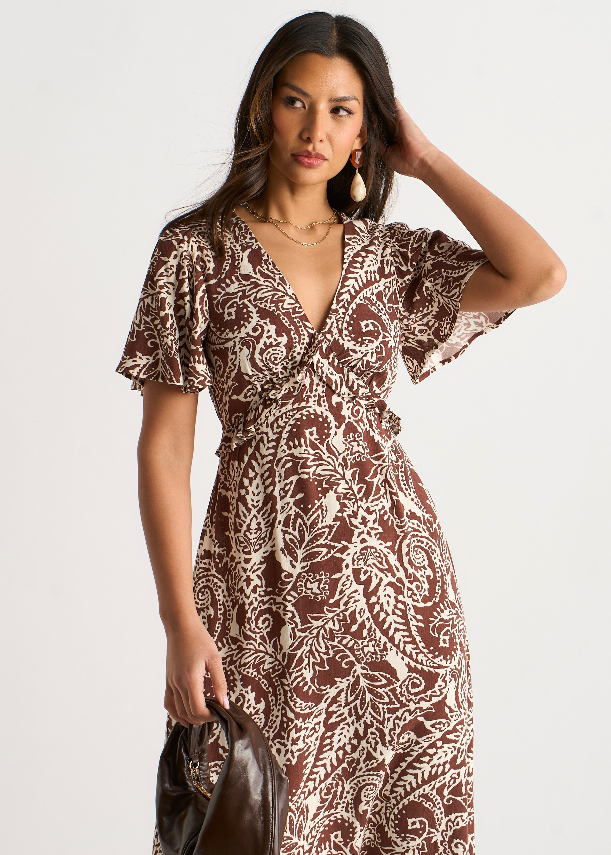 Gini London Chocolate Paisley Print Ruffle Midi Dress