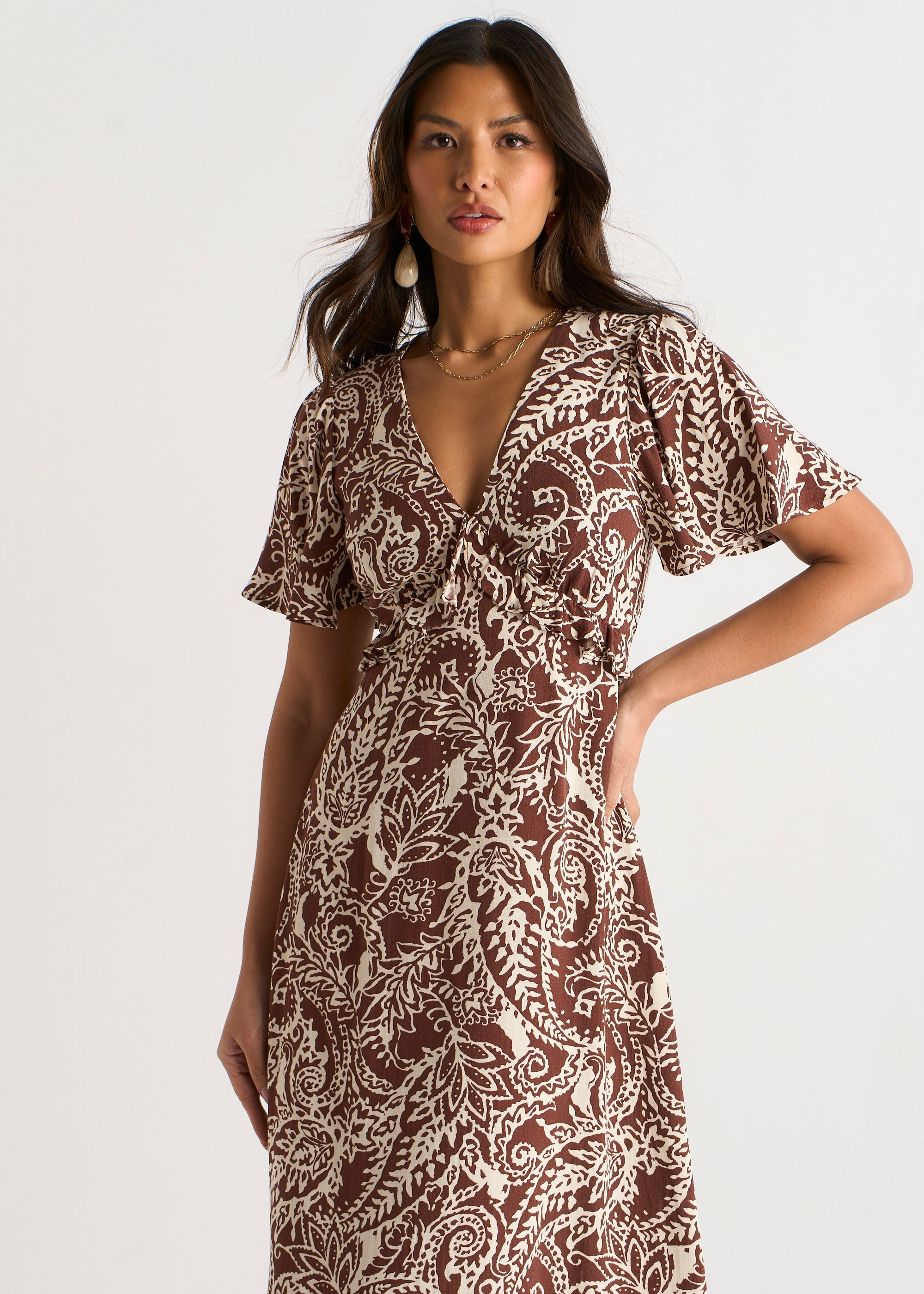 Gini London Chocolate Paisley Print Ruffle Midi Dress