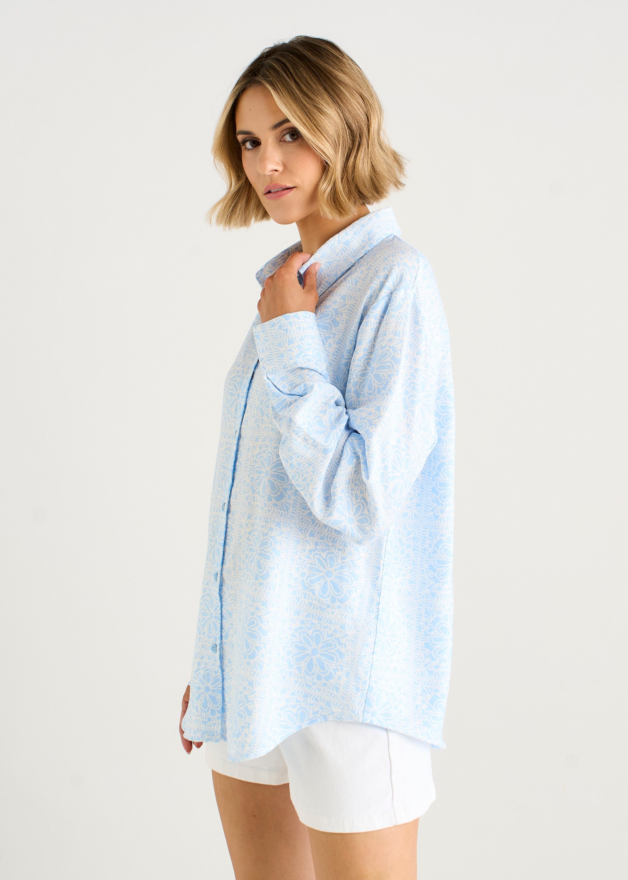Gini London Cotton Mix Blue Tile Print Button-Through Shirt