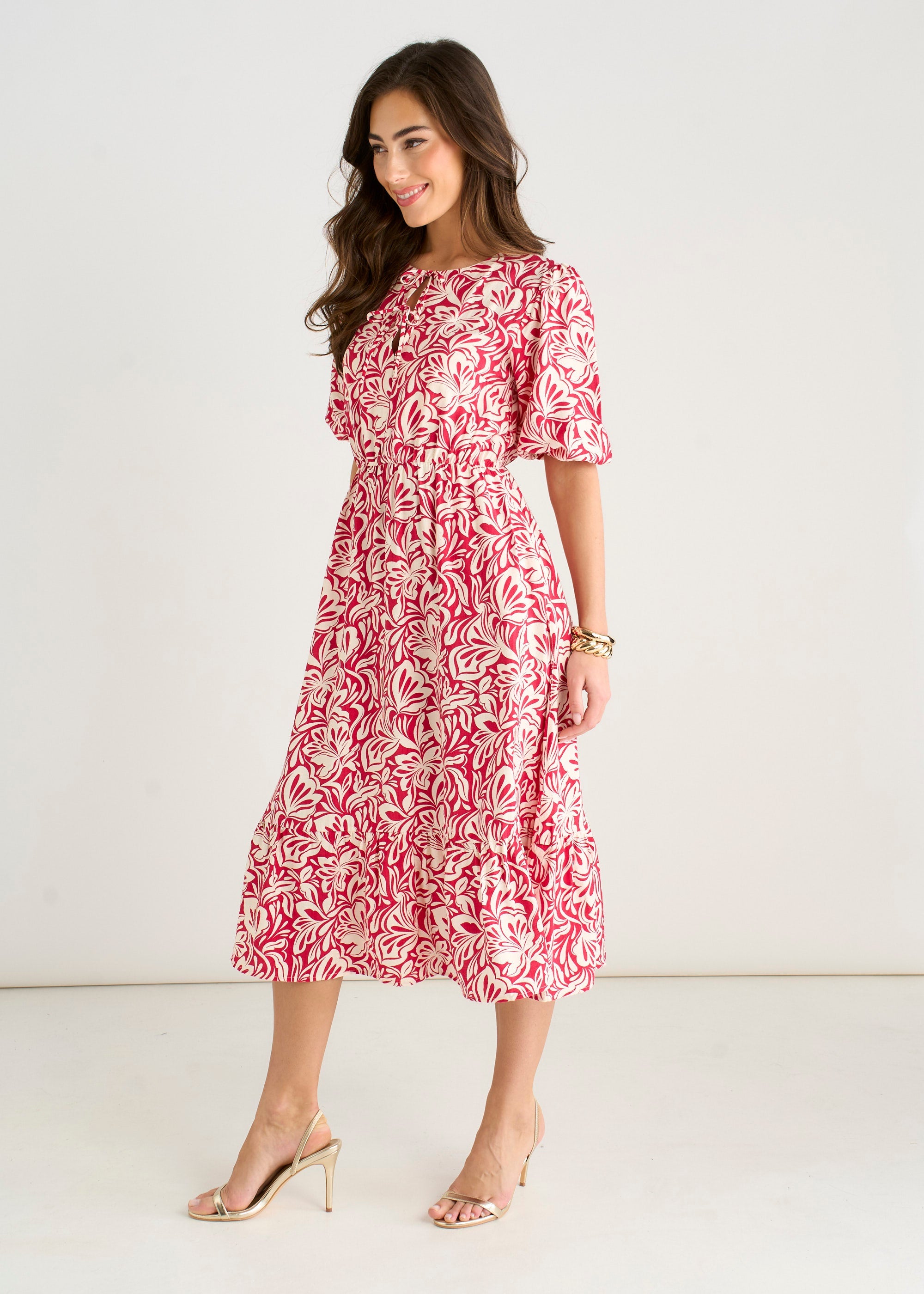 Gini London Red Paisley Print Elasticated Waist Midi Dress