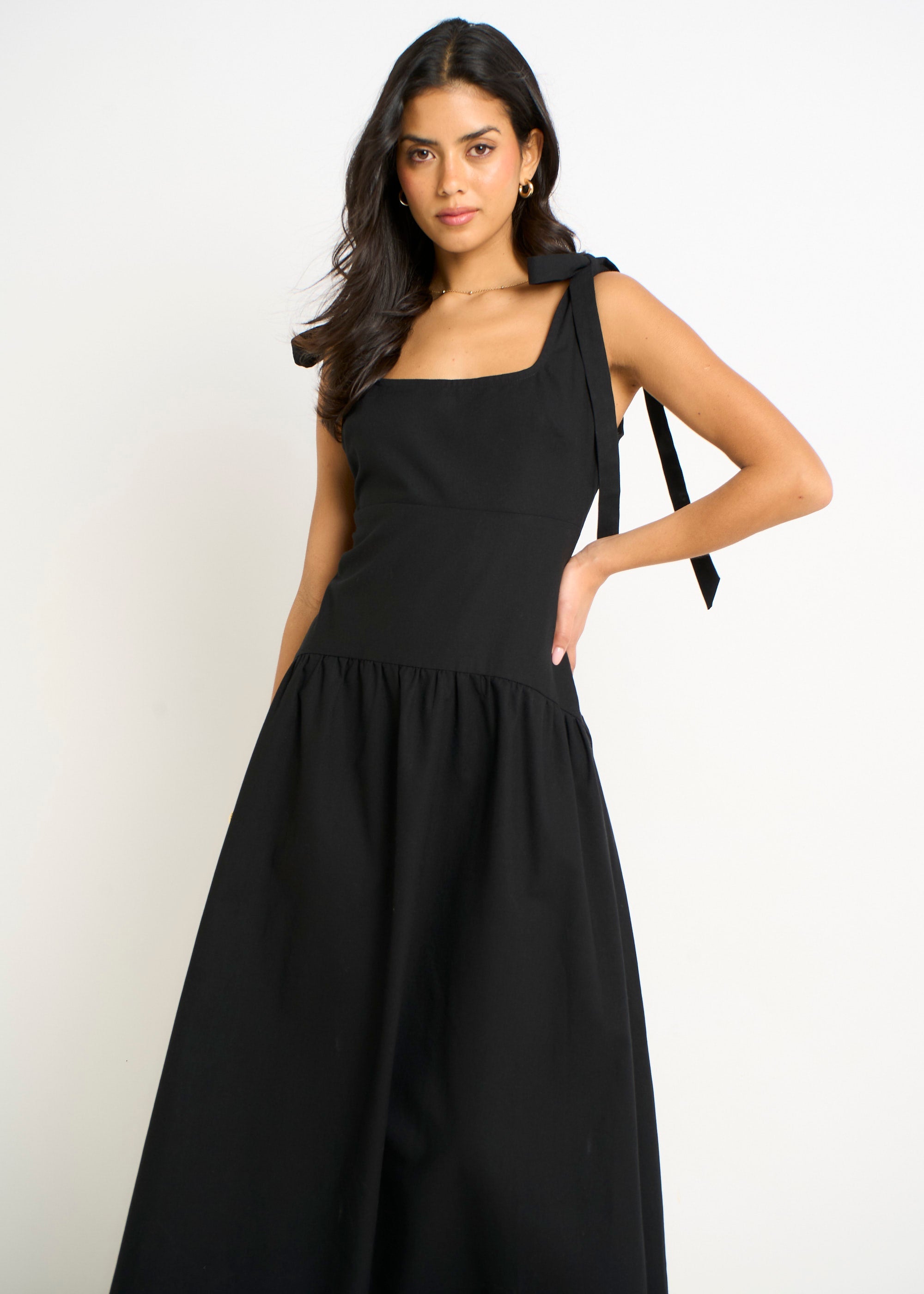 Gini London Black Linen Mix Drop Waist Midi Dress