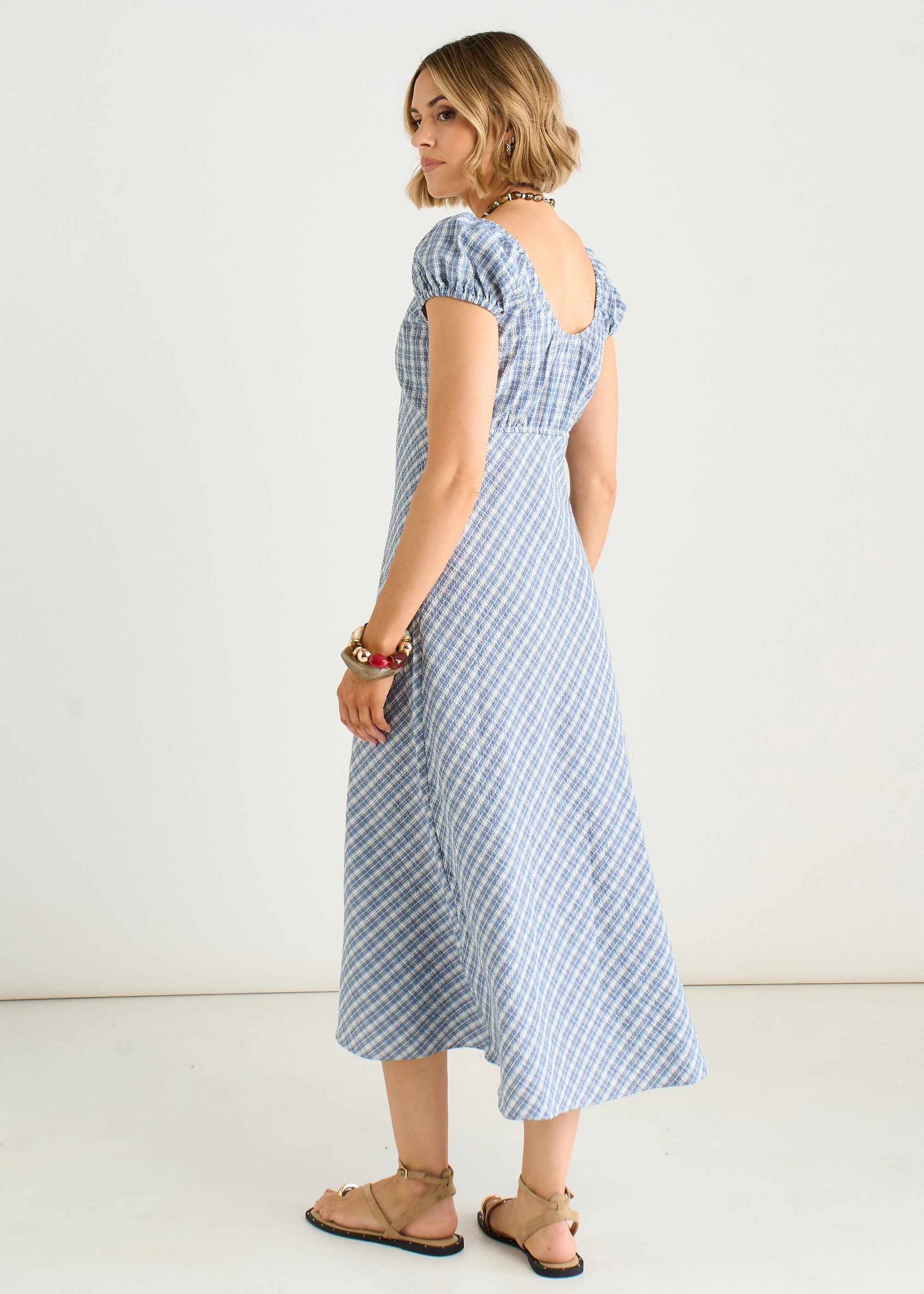 Gini London Blue V Neck Textured Gingham Midi Dress