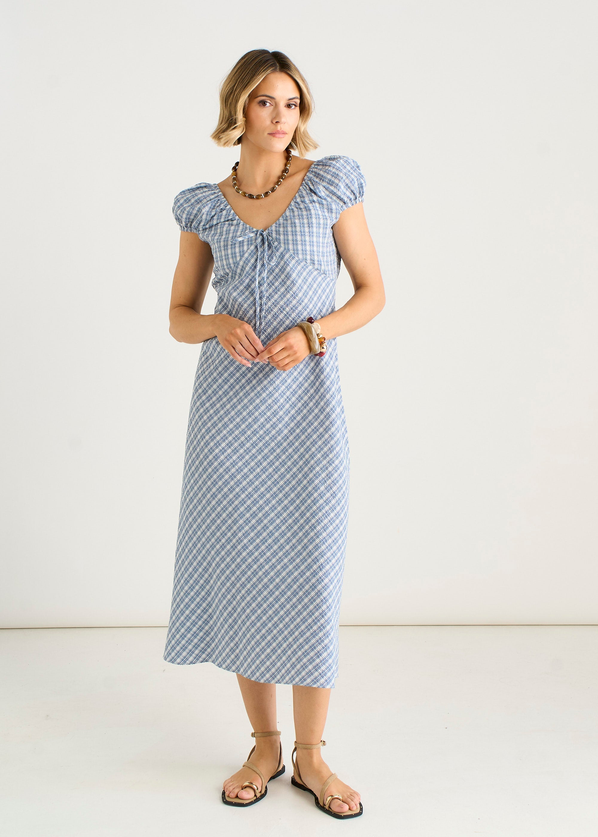 Gini London Blue V Neck Textured Gingham Midi Dress