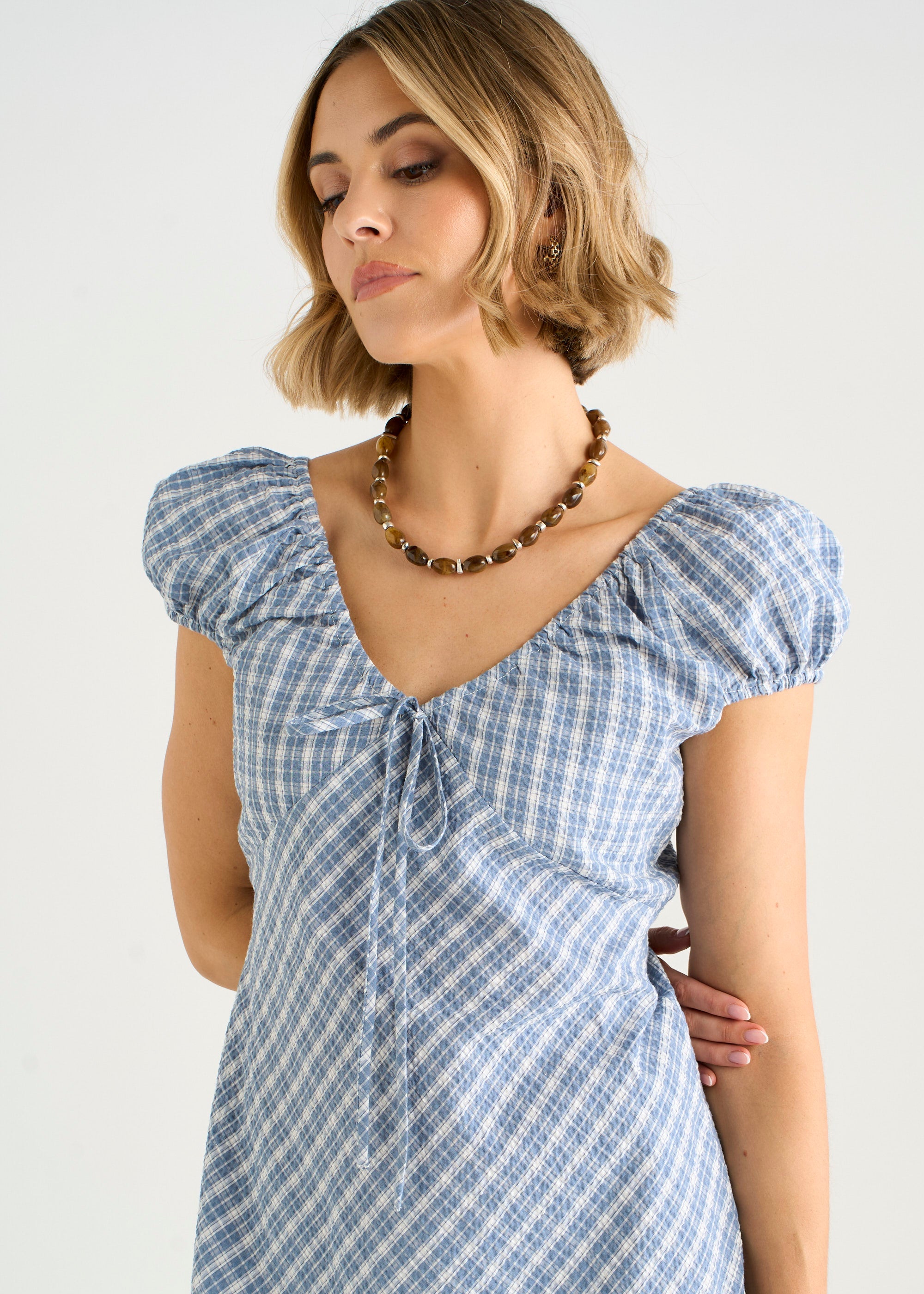 Gini London Blue V Neck Textured Gingham Midi Dress