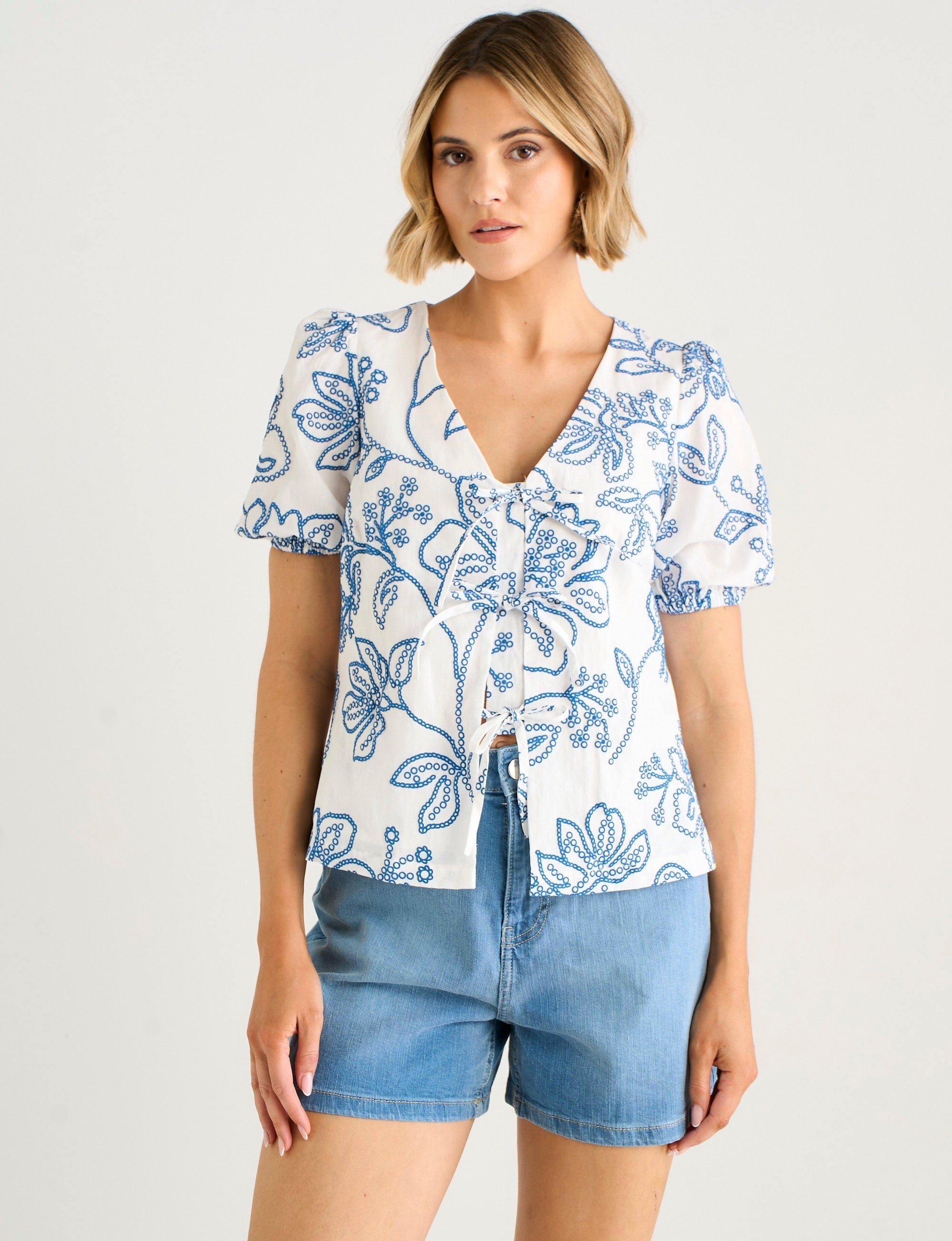 Gini London White Textured Floral Print Tie Front Top
