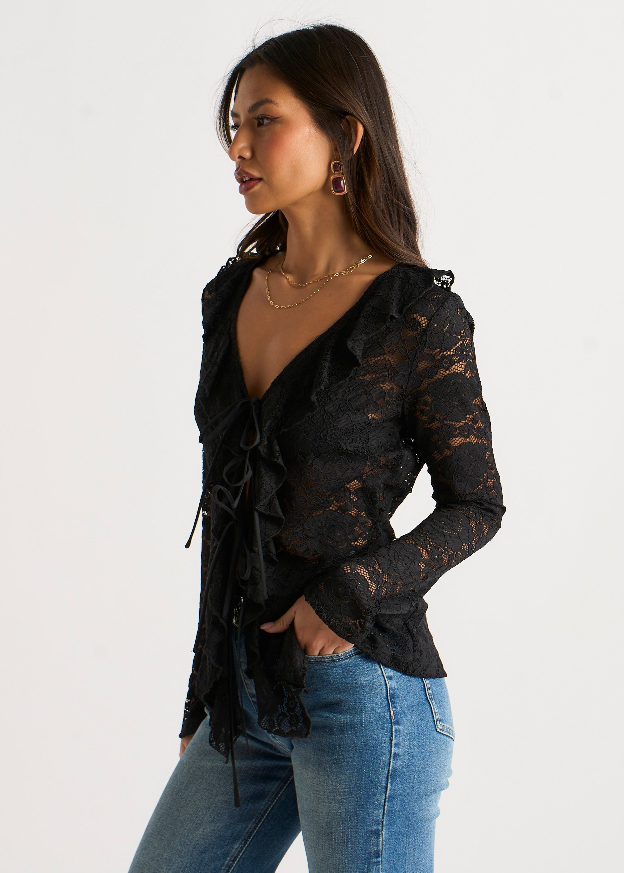 Gini London Black Jersey Lace Ruffle Tie Front Blouse