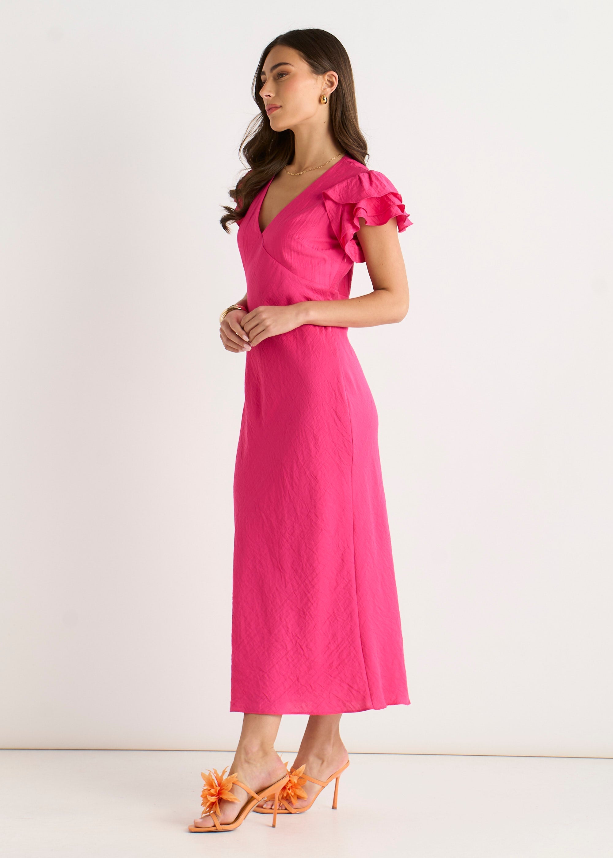 Pink V Neck Soft Crinkle Finish Ruffle Bias Midi Dress
