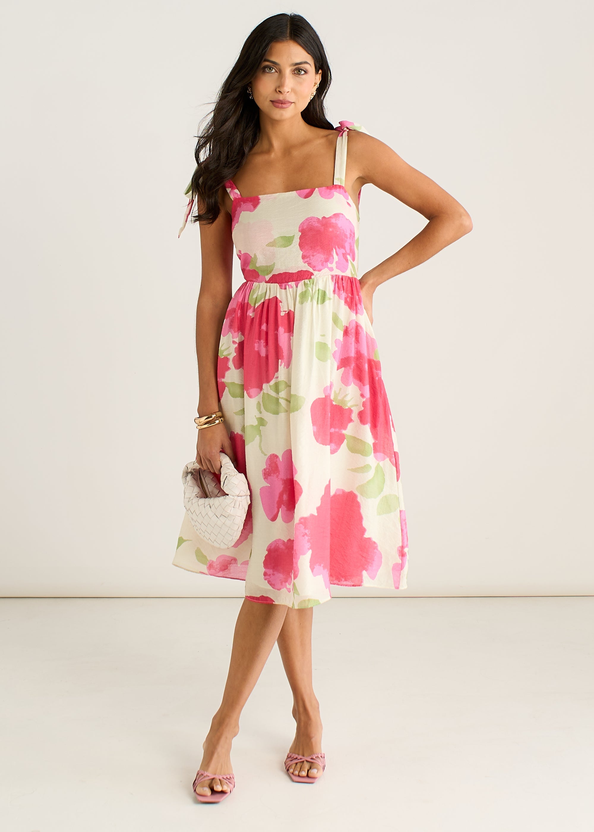 Gini London Pink Floral Tie Straps Midi Dress
