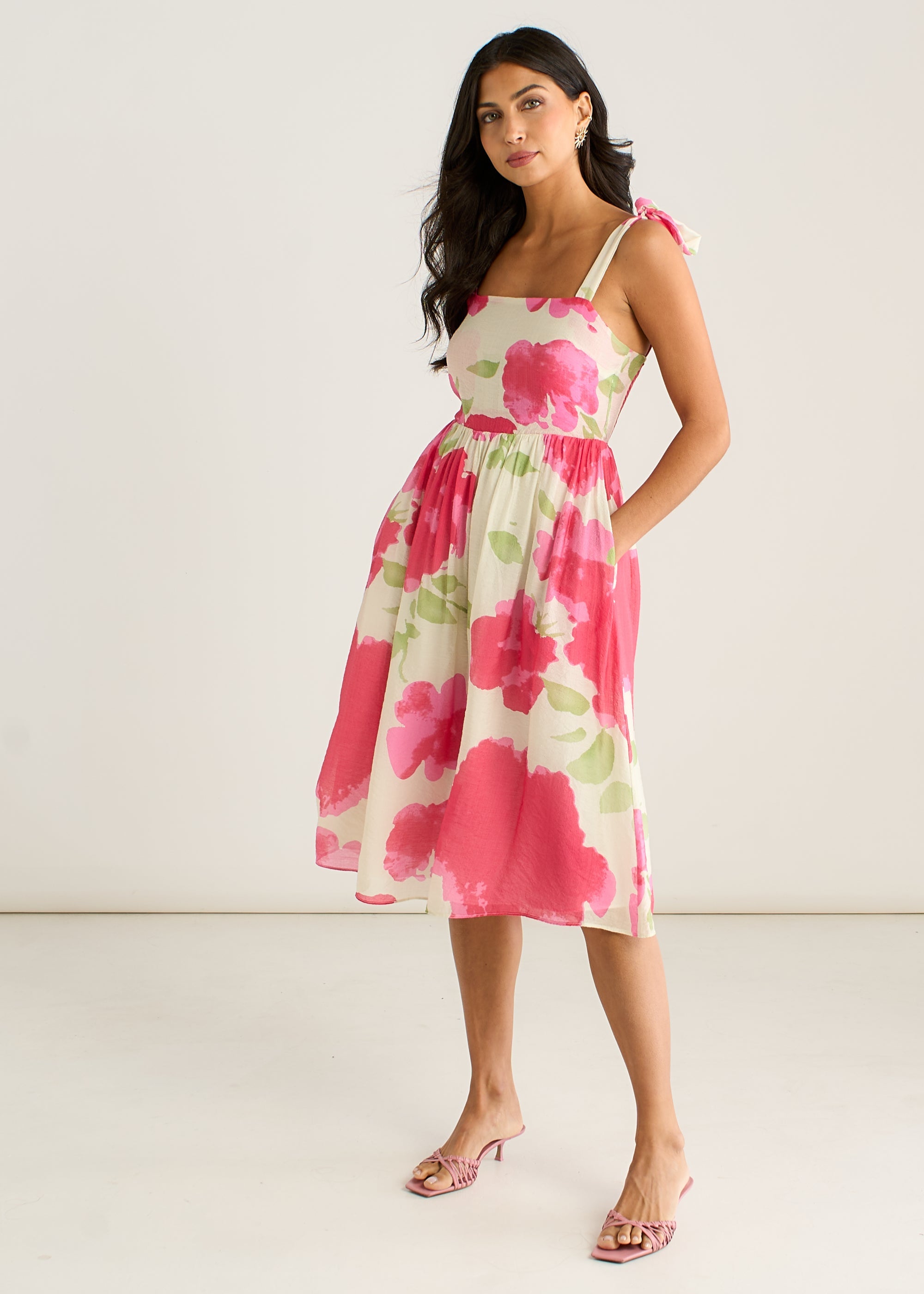 Gini London Pink Floral Tie Straps Midi Dress