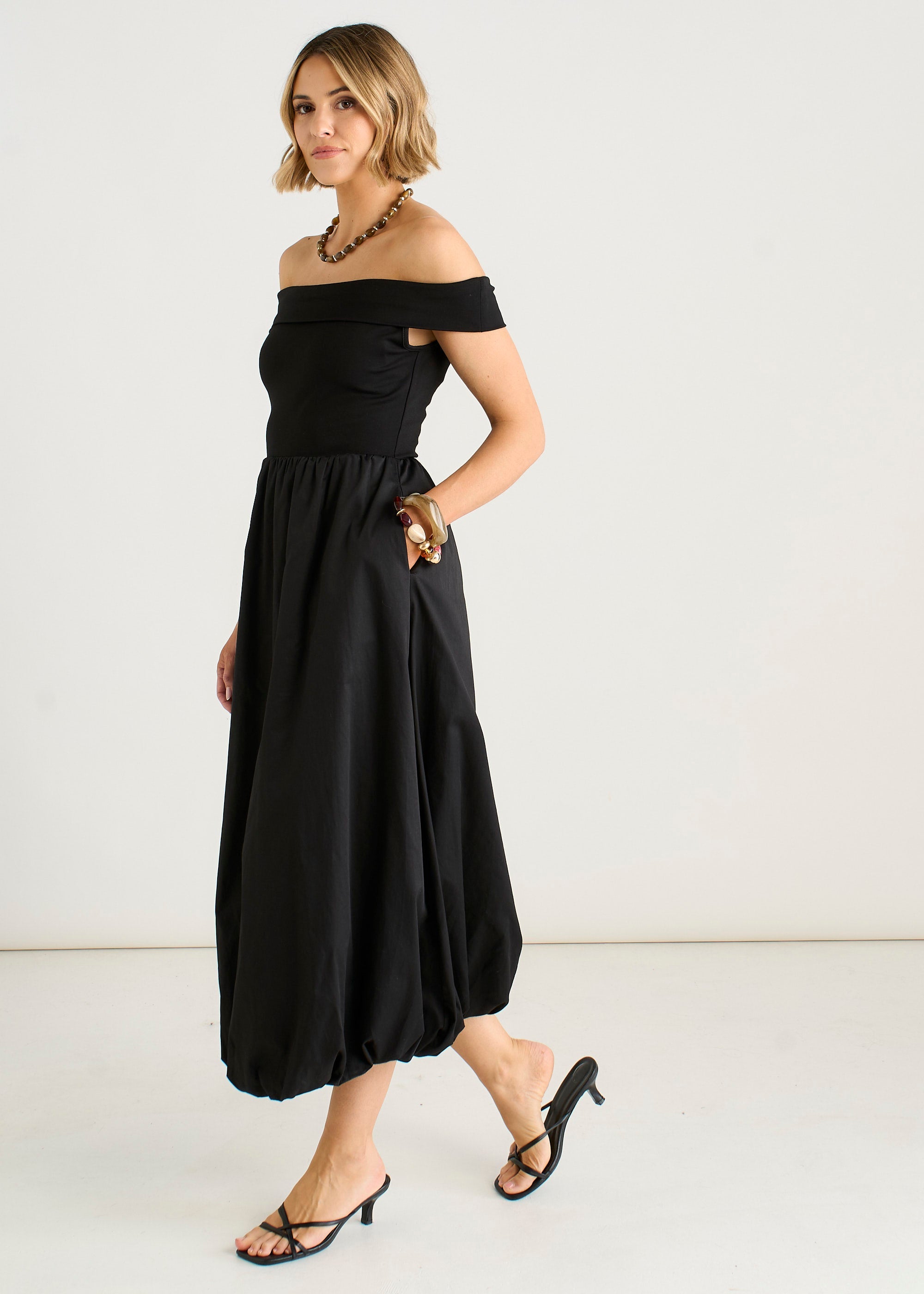 Gini London Black Bardot Jersey Mix Puff Ball Midi Dress