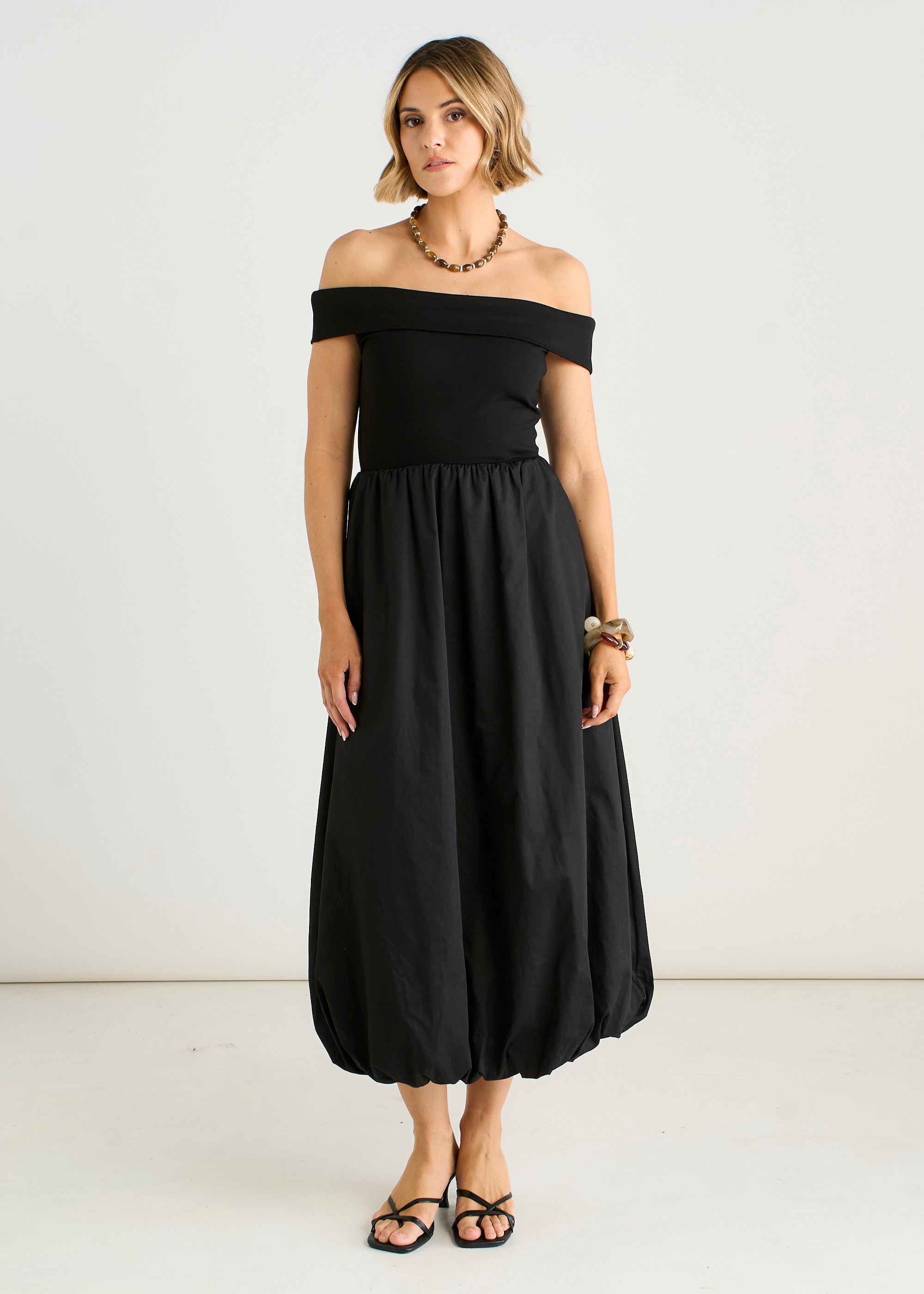 Gini London Black Bardot Jersey Mix Puff Ball Midi Dress