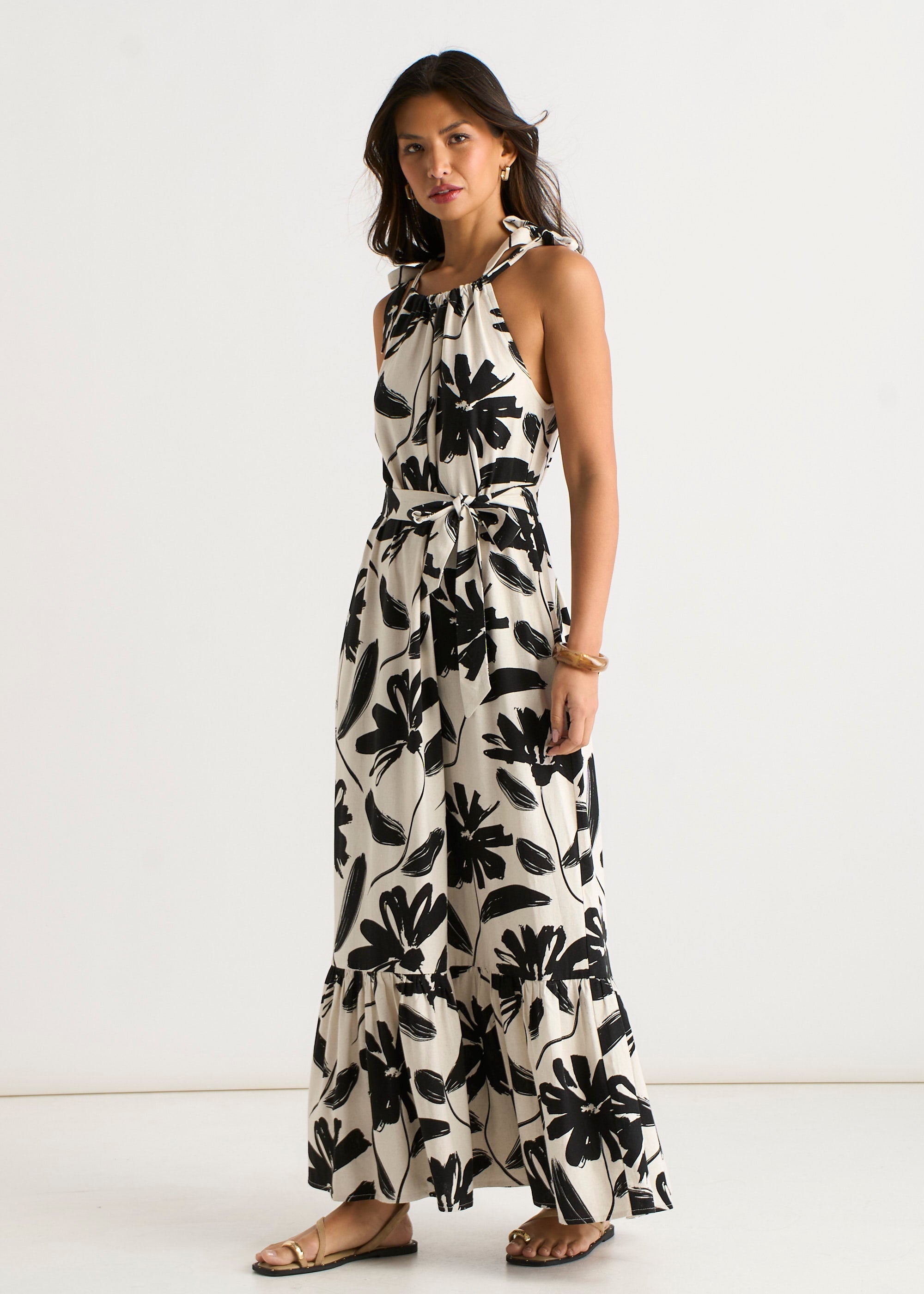 Gini London Mono Stencil Linen Mix Belted Trapeze Dress