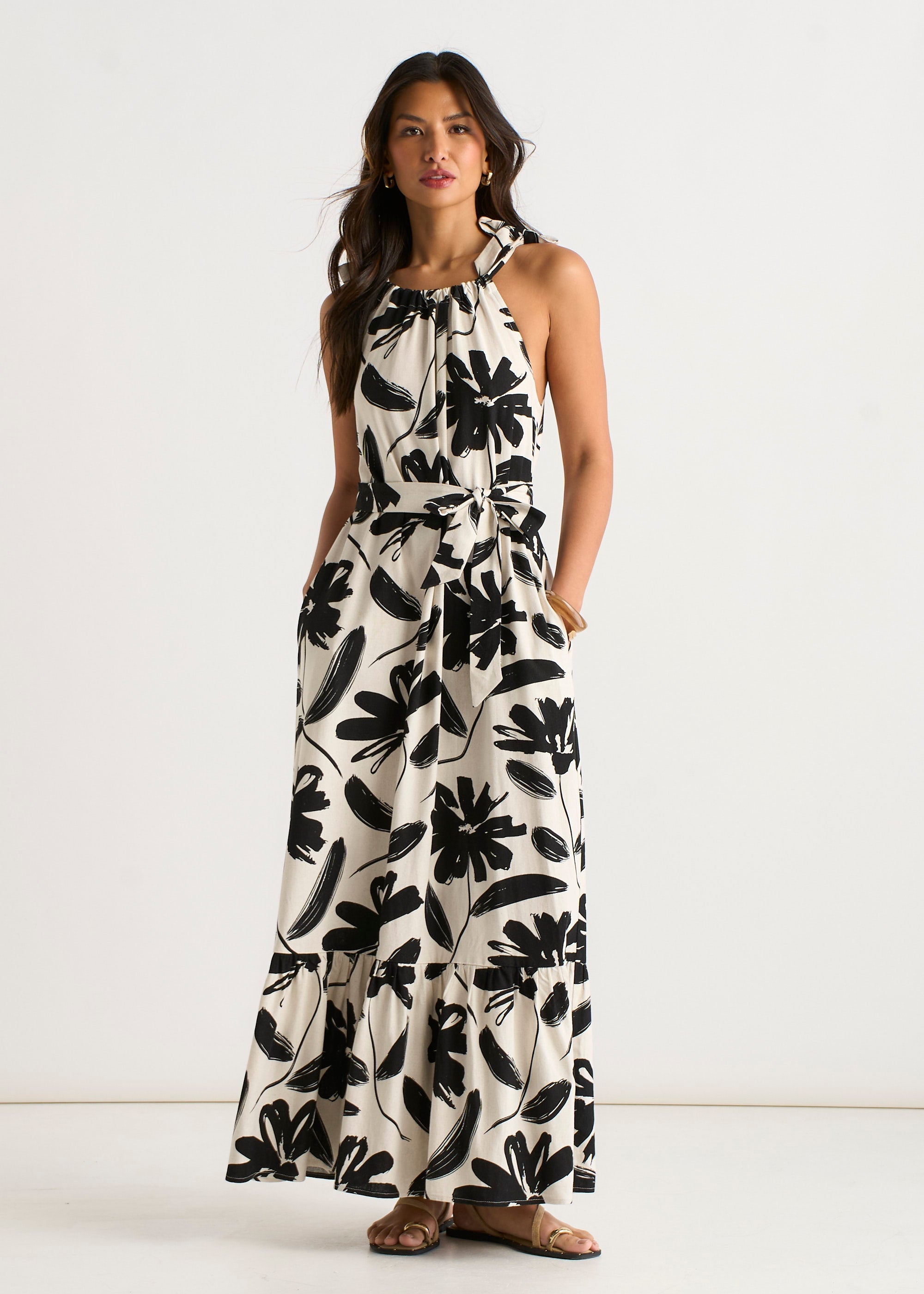 Gini London Mono Stencil Linen Mix Belted Trapeze Dress