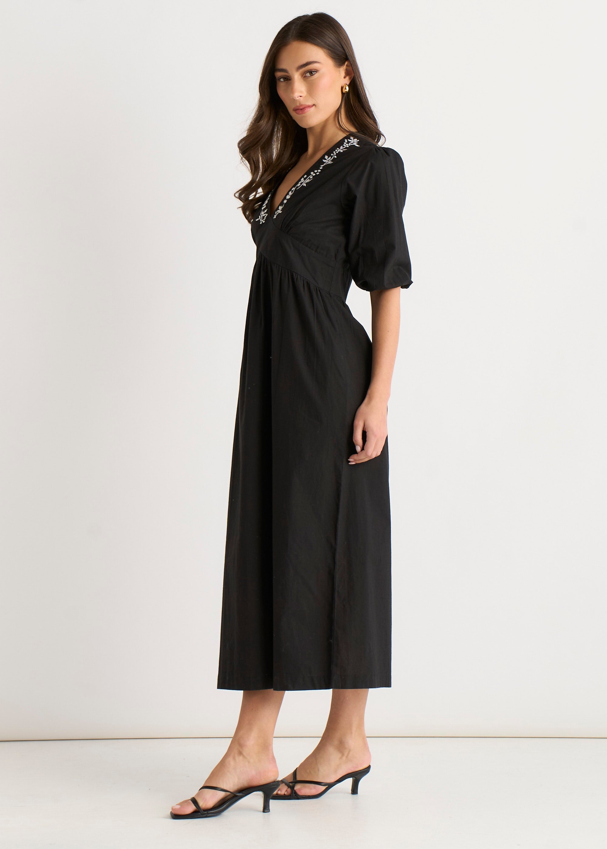 Gini London Black Puff Sleeve Cotton Embroidered Midi Dress