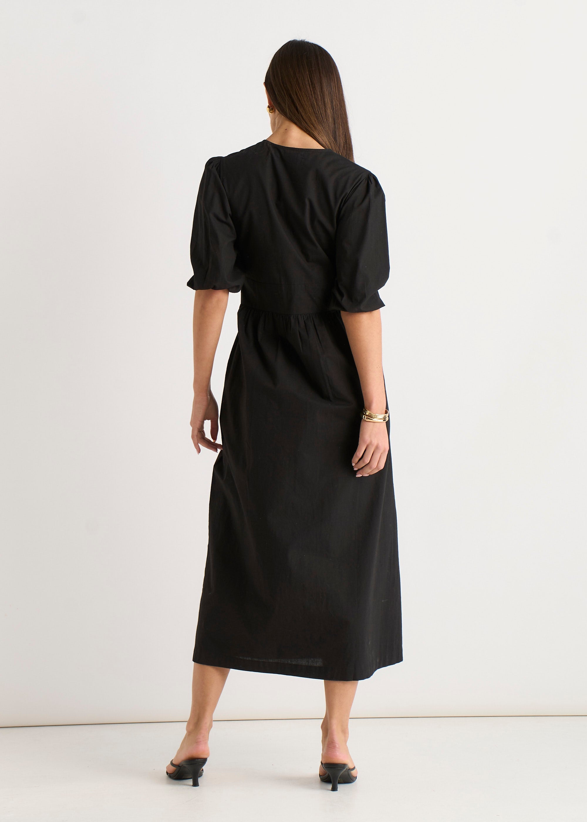 Gini London Black Puff Sleeve Cotton Embroidered Midi Dress