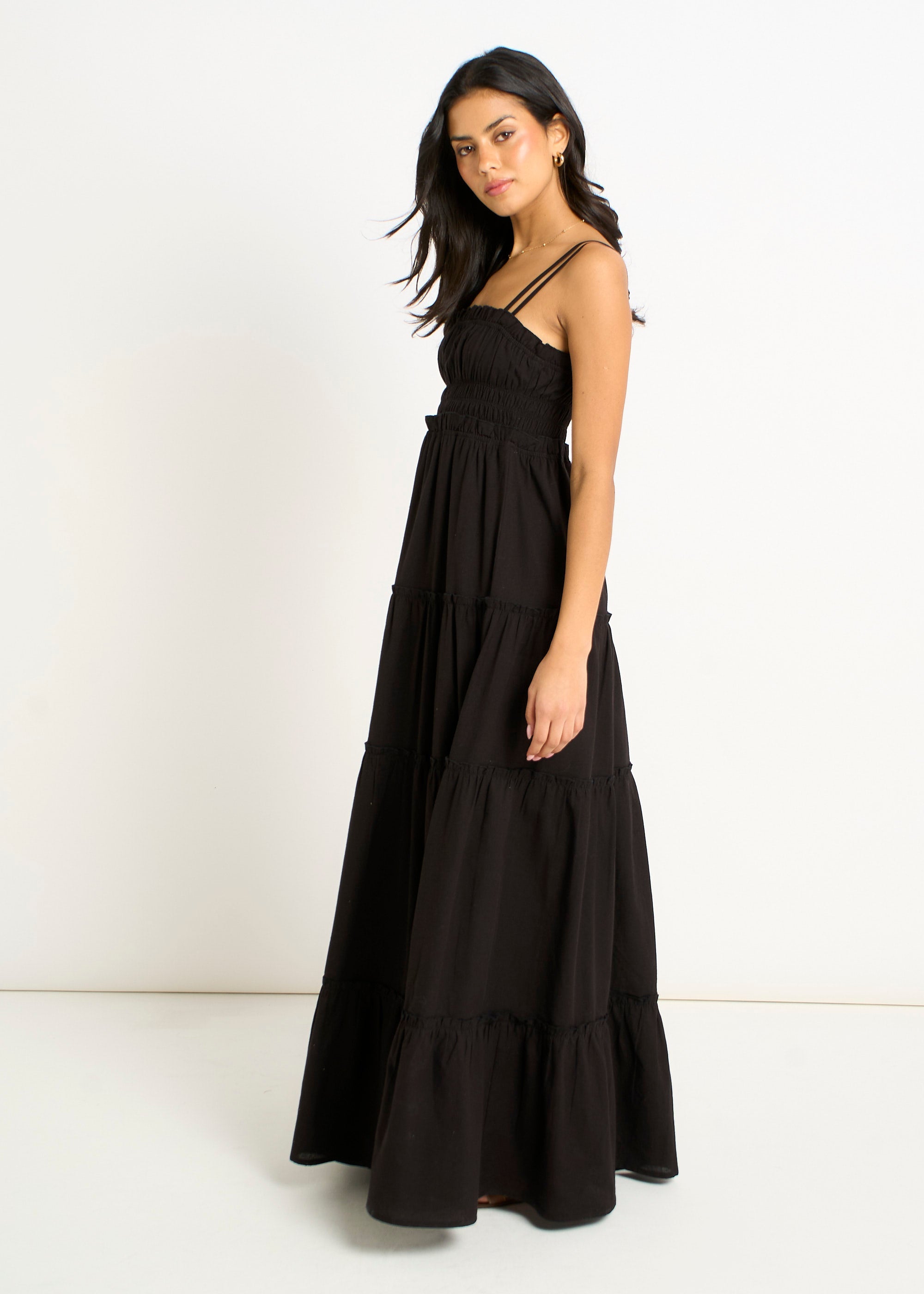 Gini London Black Cotton Shirred Strappy Flare Maxi Dress