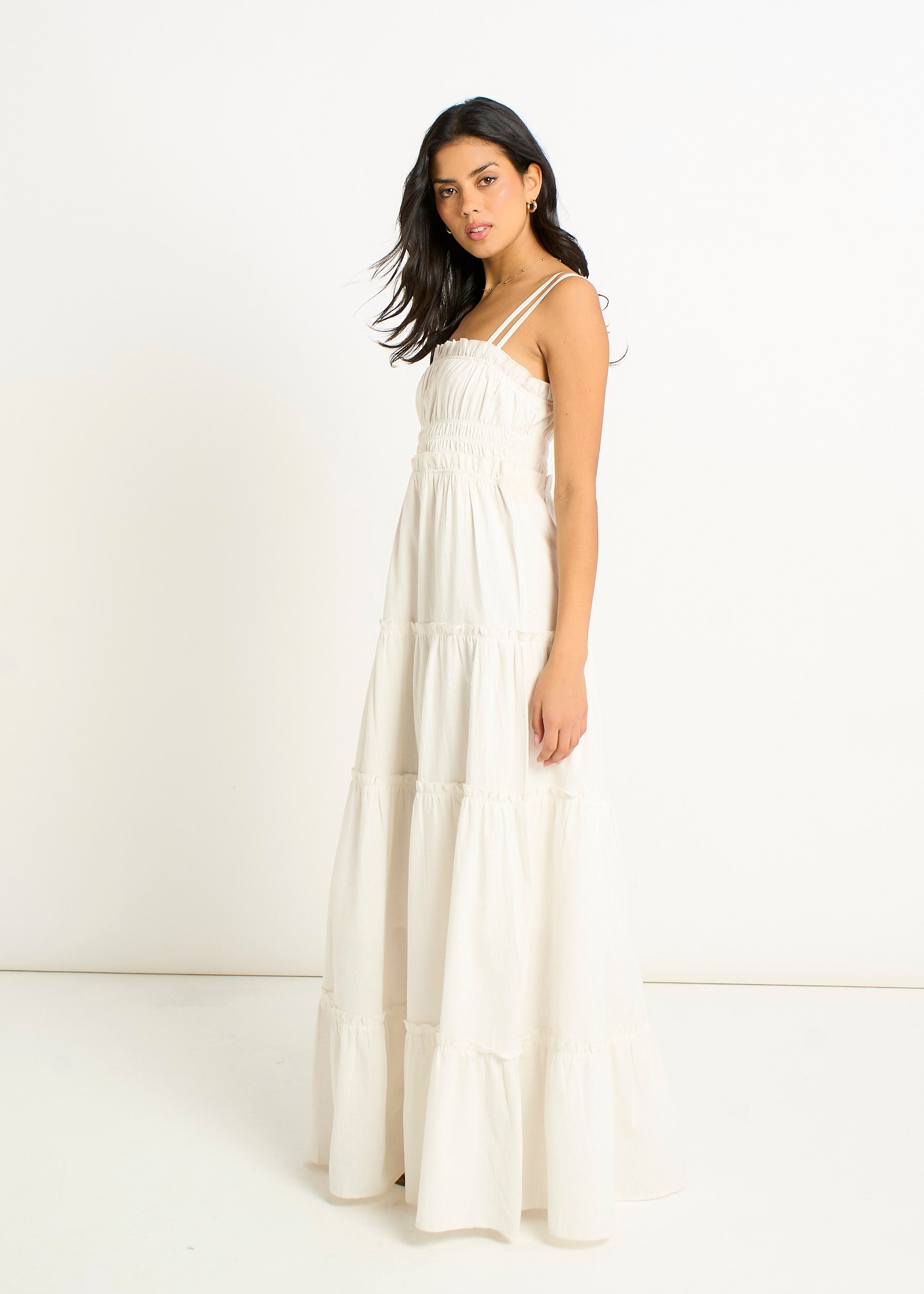 Gini London White Cotton Shirred Strappy Flare Maxi Dress