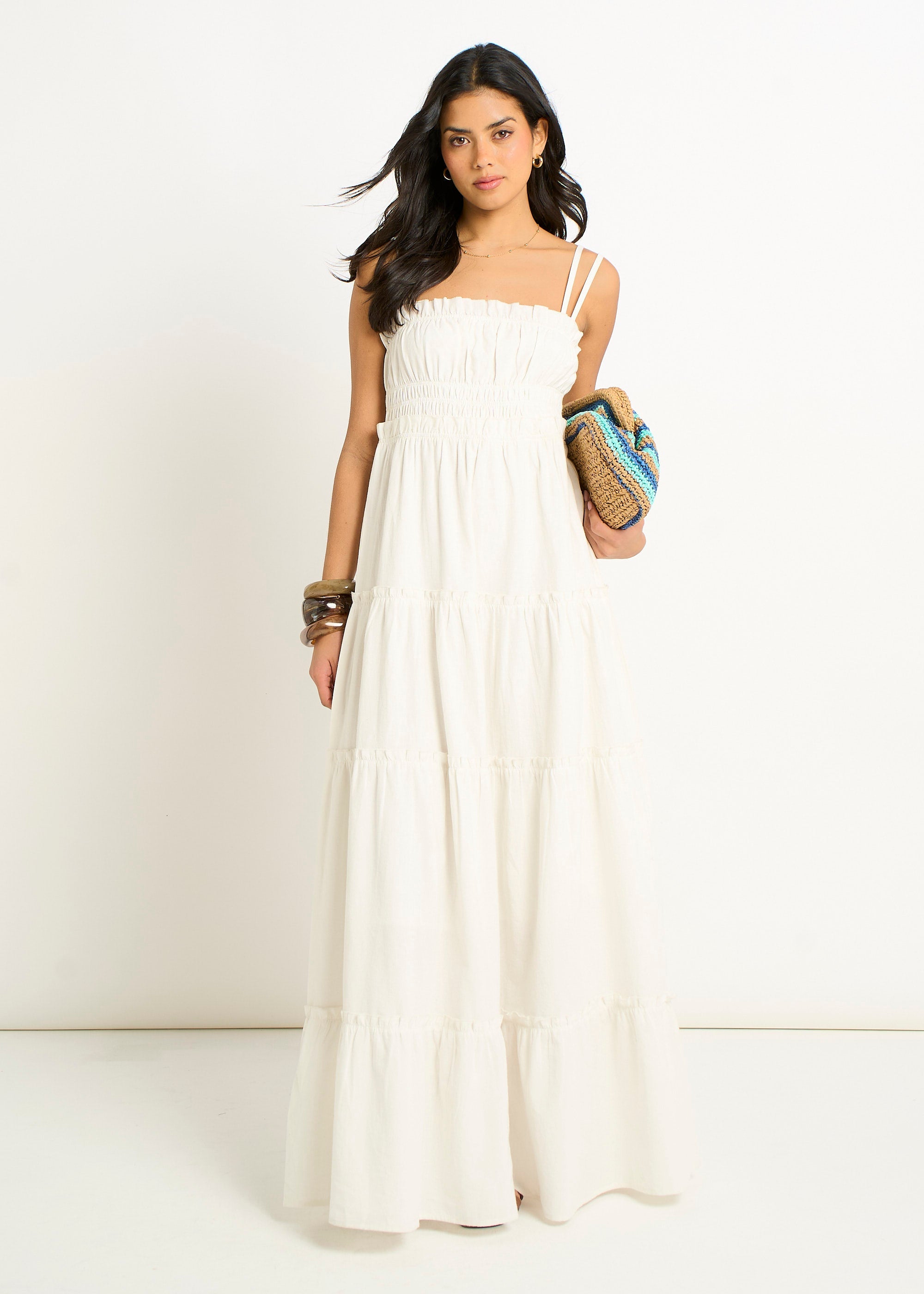 Gini London White Cotton Shirred Strappy Flare Maxi Dress