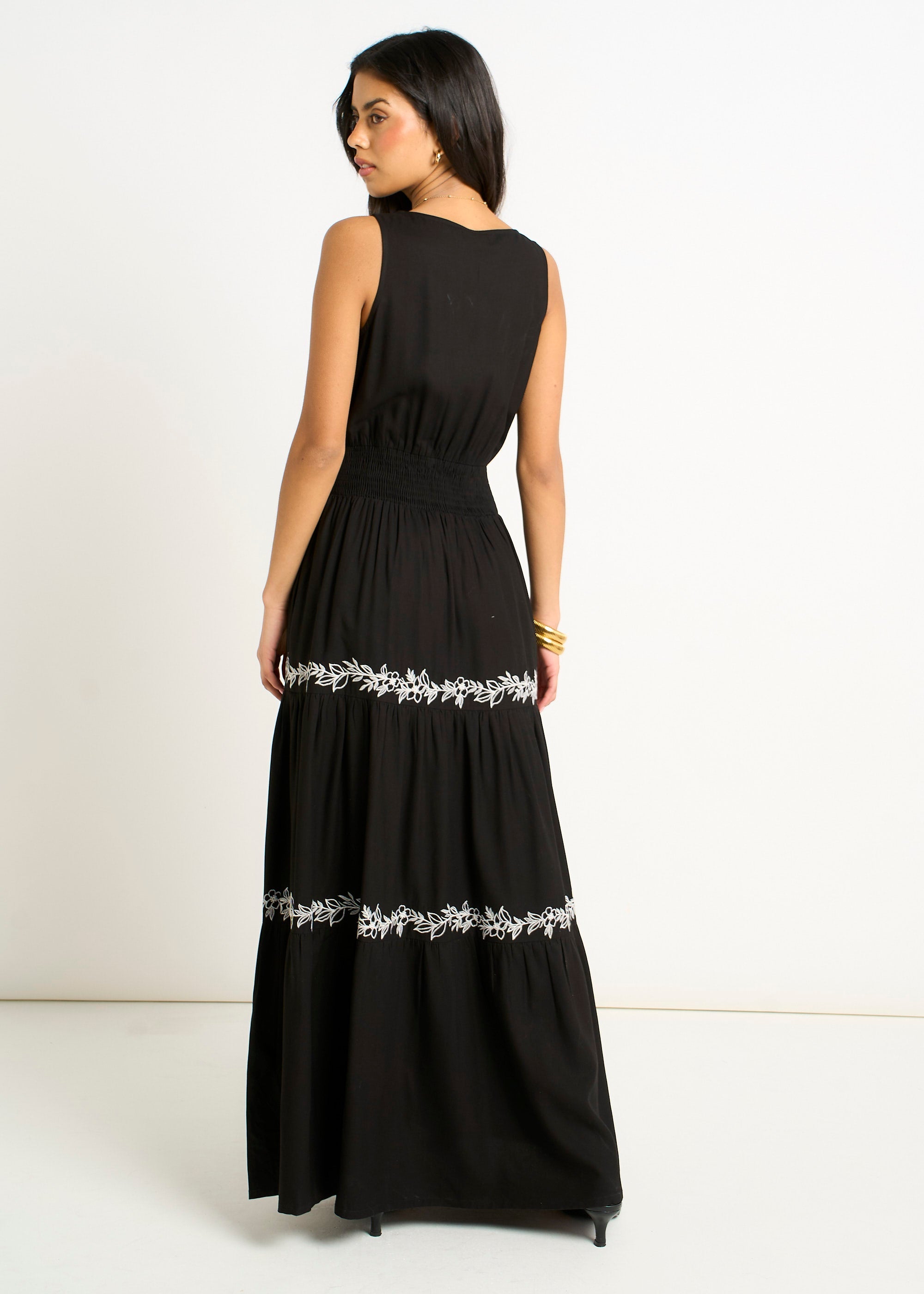 Gini London Black Floral Embroidery Tiered Maxi Dress