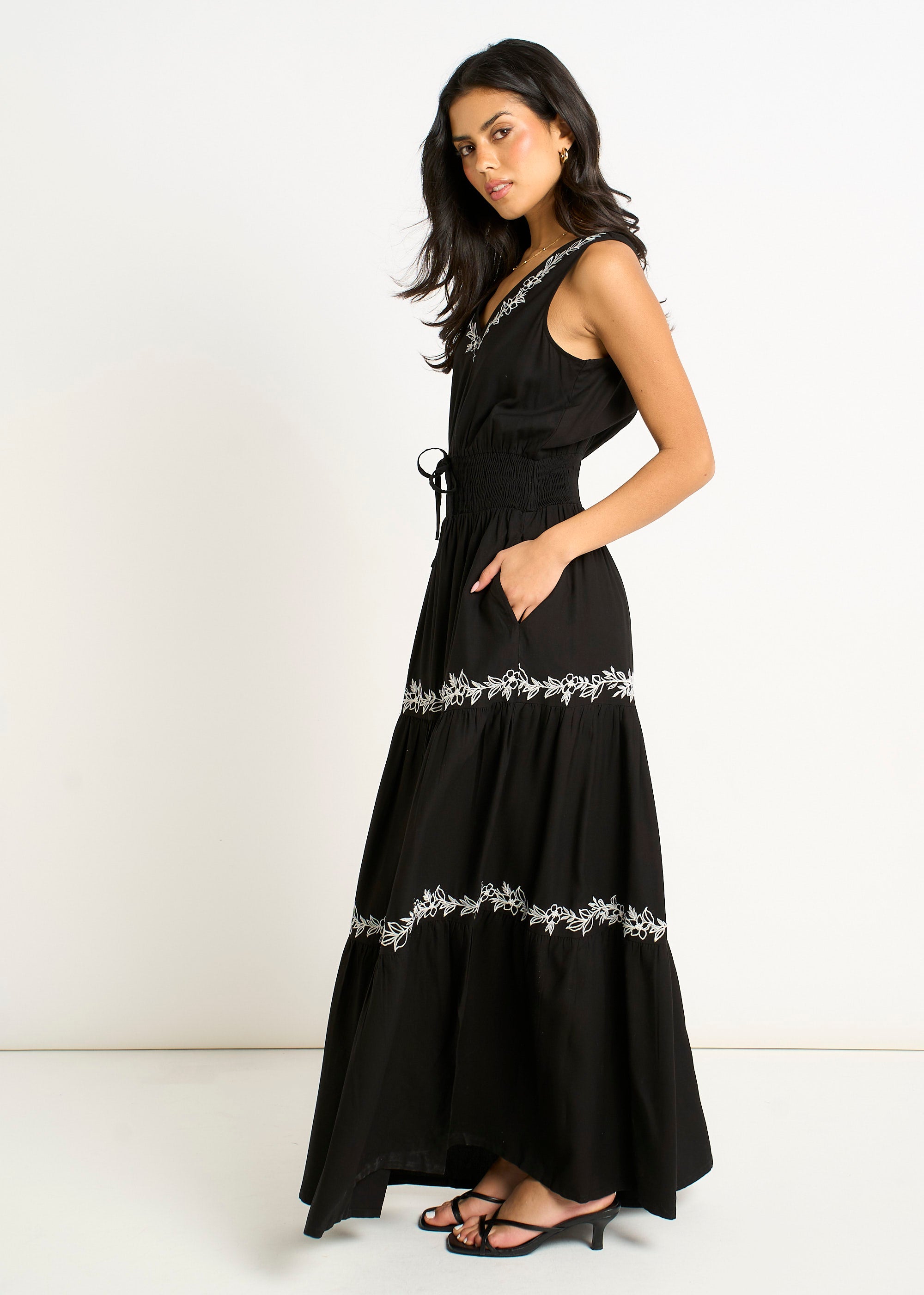 Gini London Black Floral Embroidery Tiered Maxi Dress