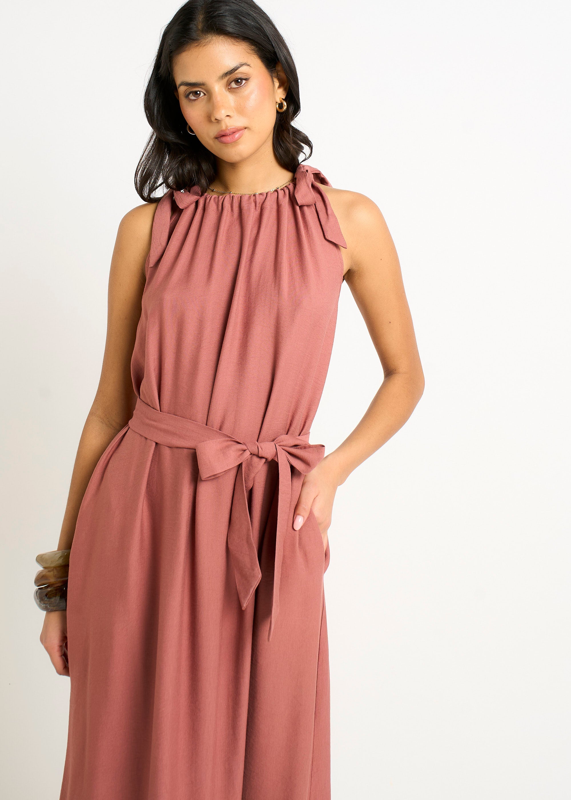 Gini London Rust Tie Shoulder Trapeze Maxi Dress