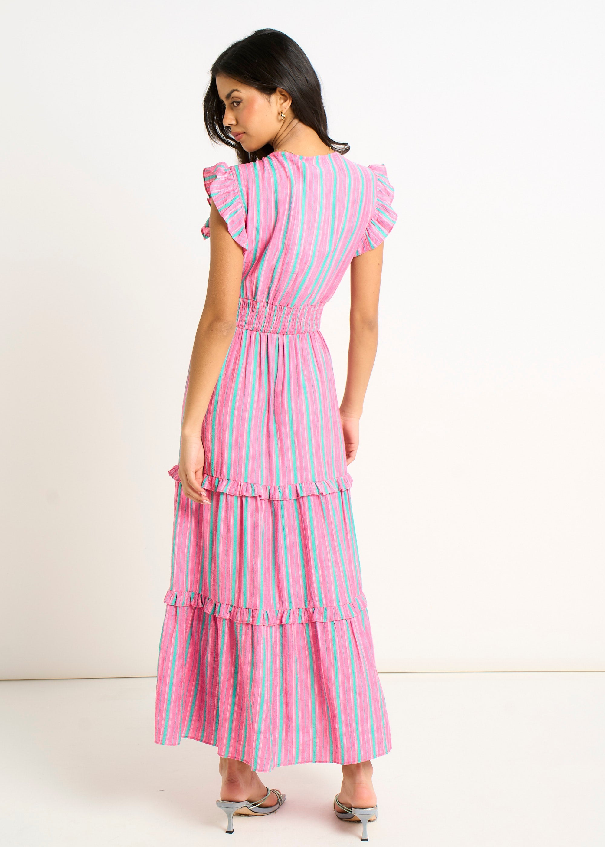 Gini London Pink Summer Stripe Shirred Waist Maxi Dress