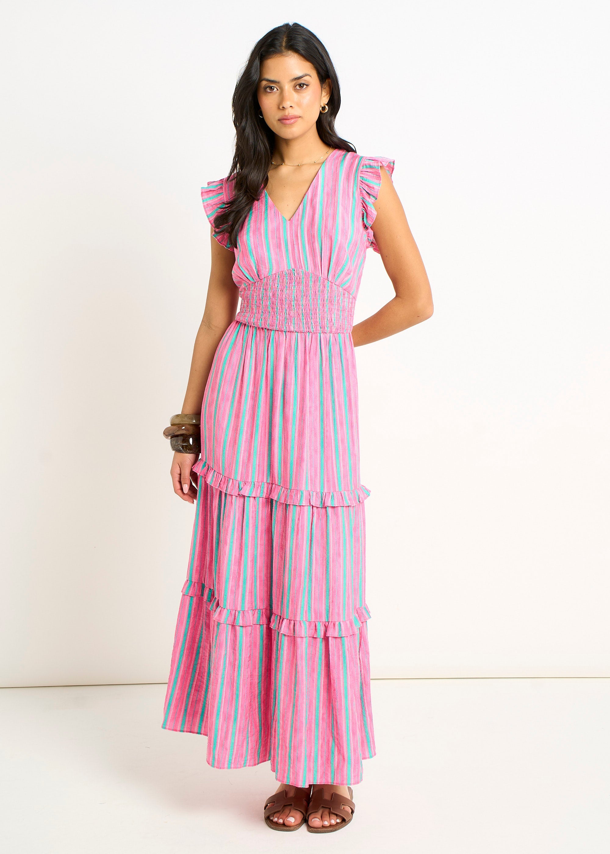 Gini London Pink Summer Stripe Shirred Waist Maxi Dress