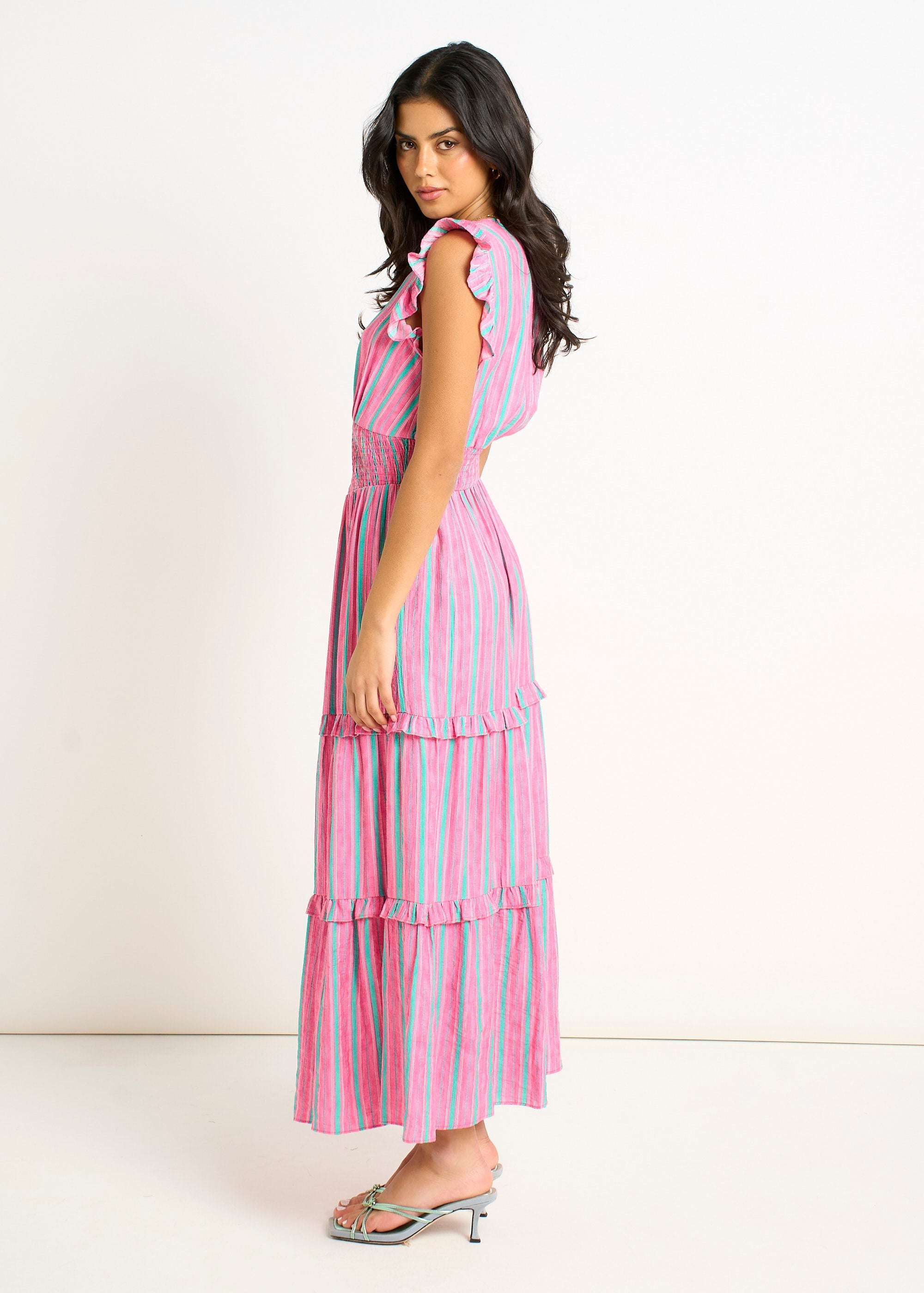 Gini London Pink Summer Stripe Shirred Waist Maxi Dress
