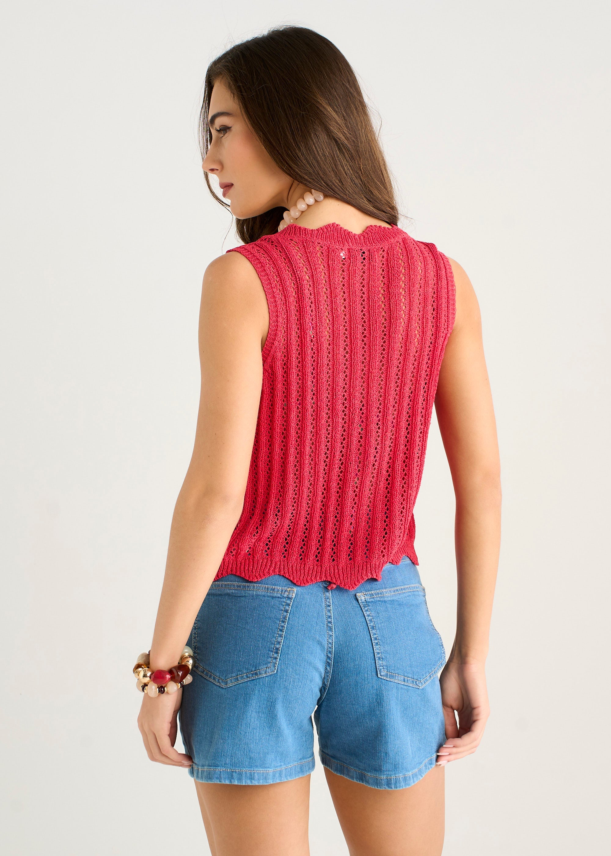 Gini London Pink Scallop Crochet Tie Front Waistcoat