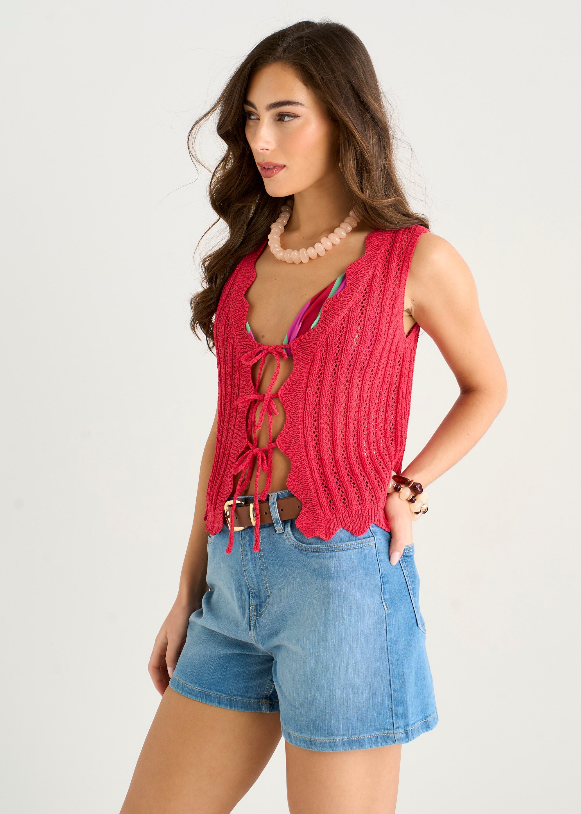 Gini London Pink Scallop Crochet Tie Front Waistcoat