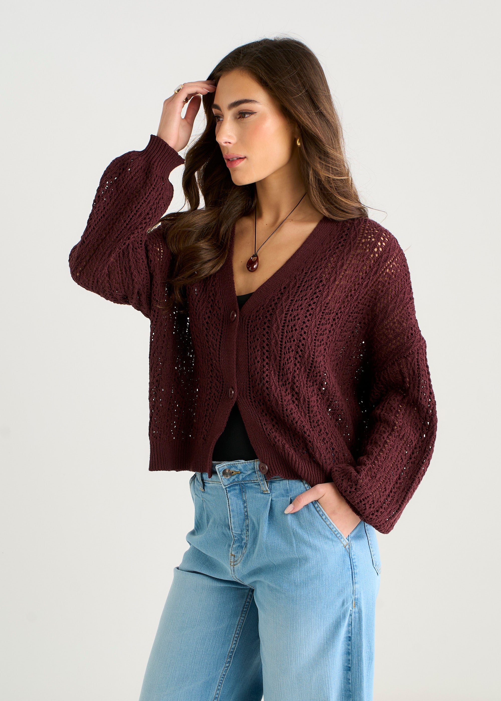 Gini London Chocolate Crochet Knit Long Sleeve Cardigan
