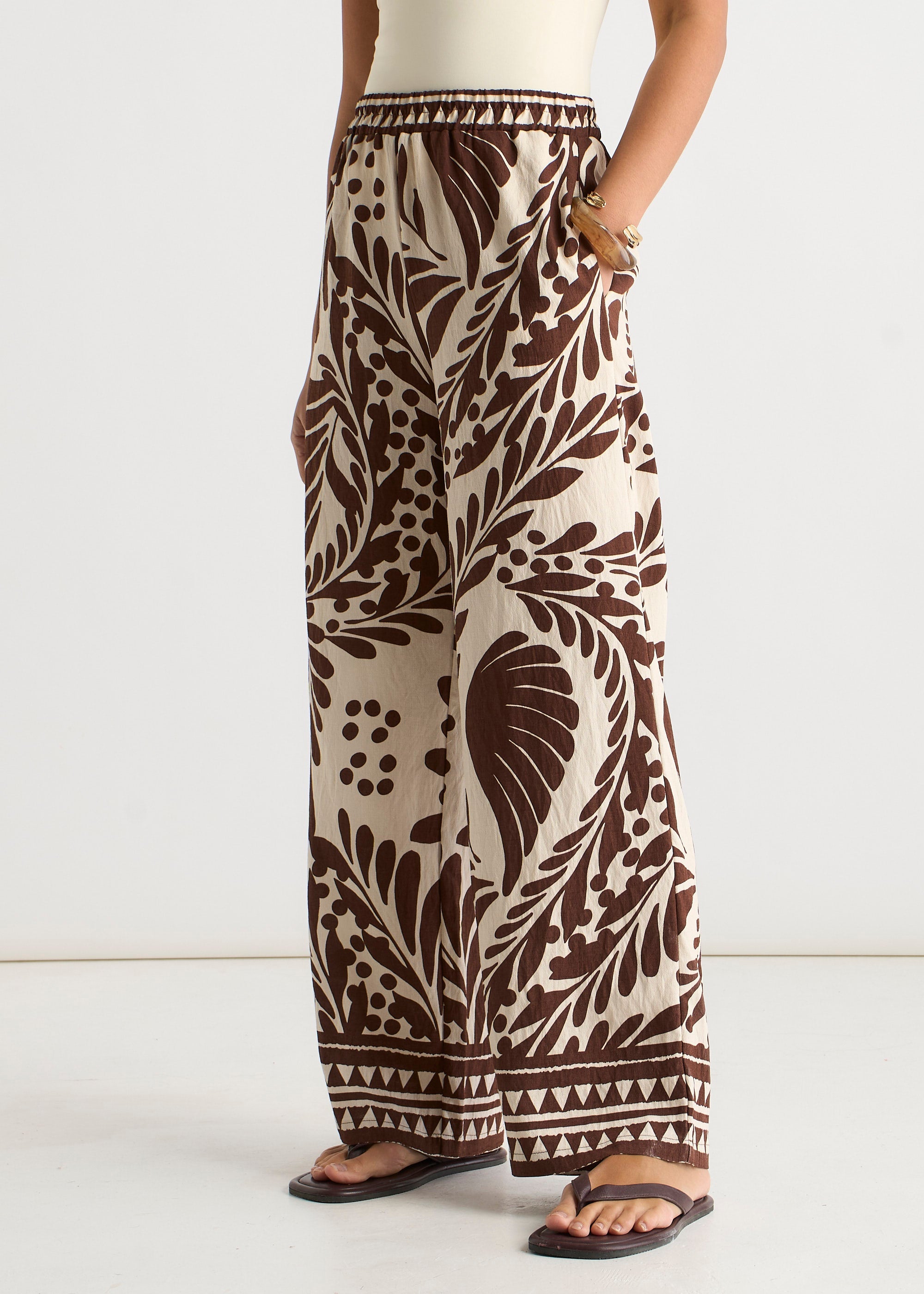 Gini London Chocolate Border Print Elasticated Trousers