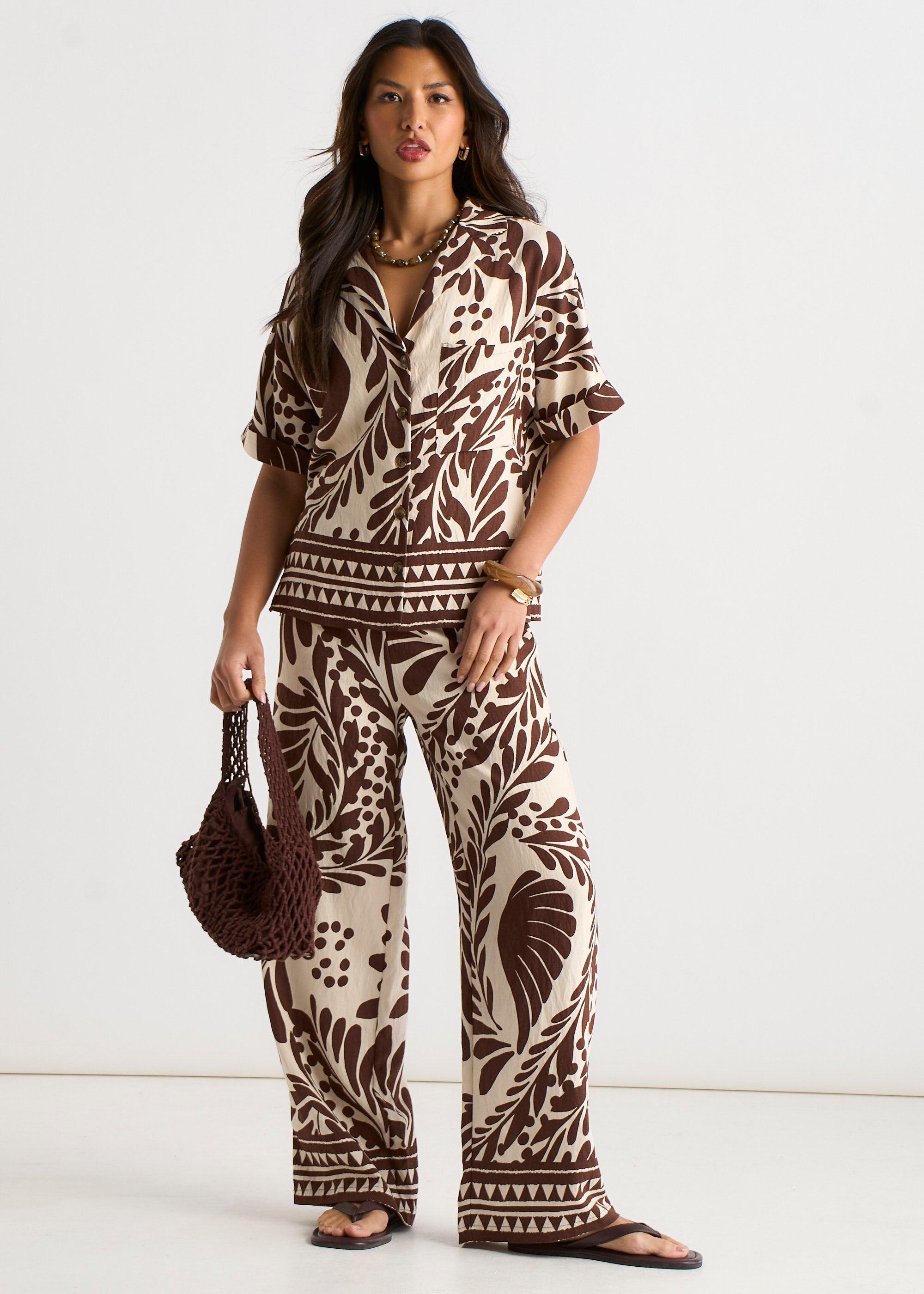Gini London Chocolate Border Print Elasticated Trousers