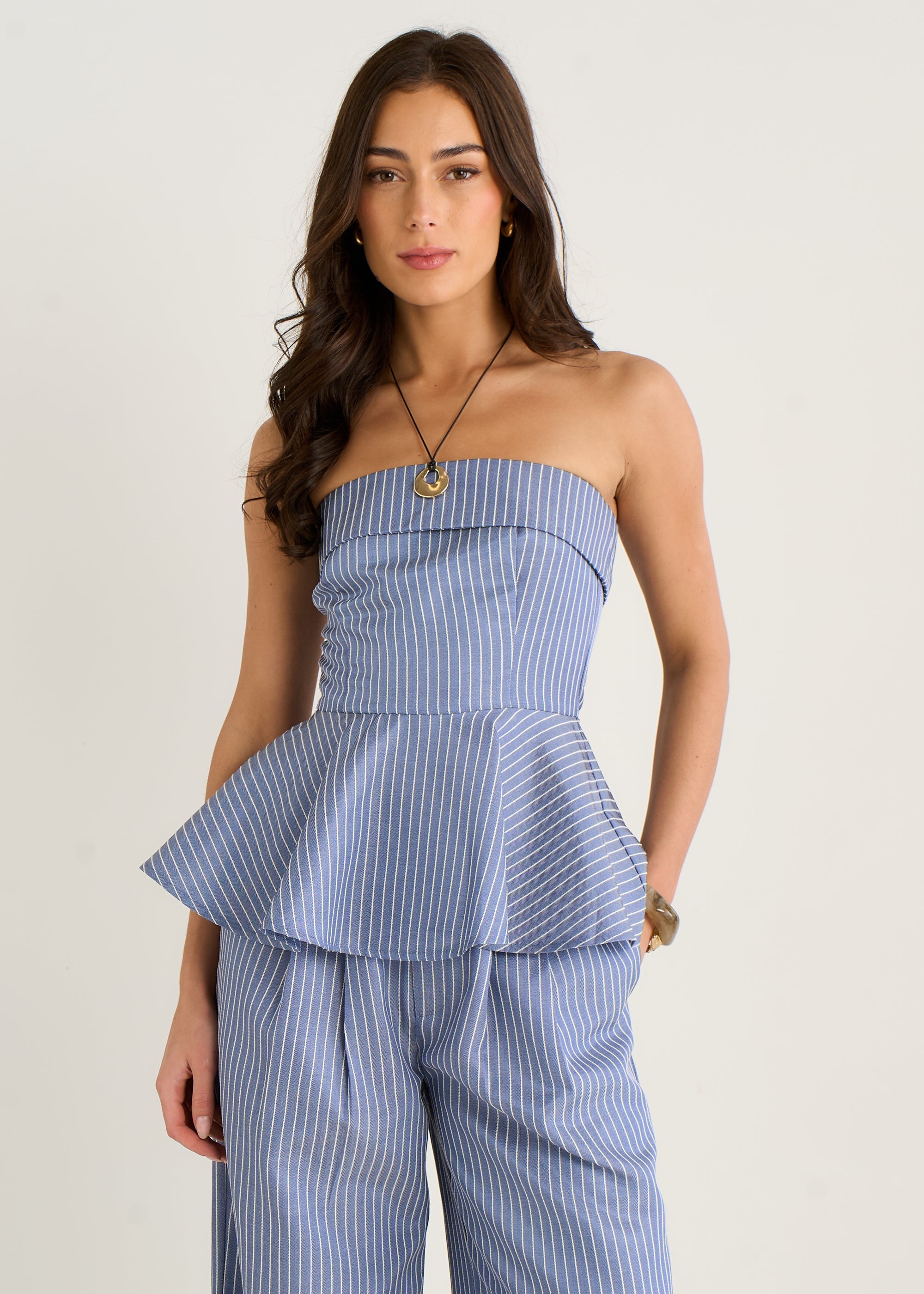 Gini London Blue Bardot Stripe Peplum Top