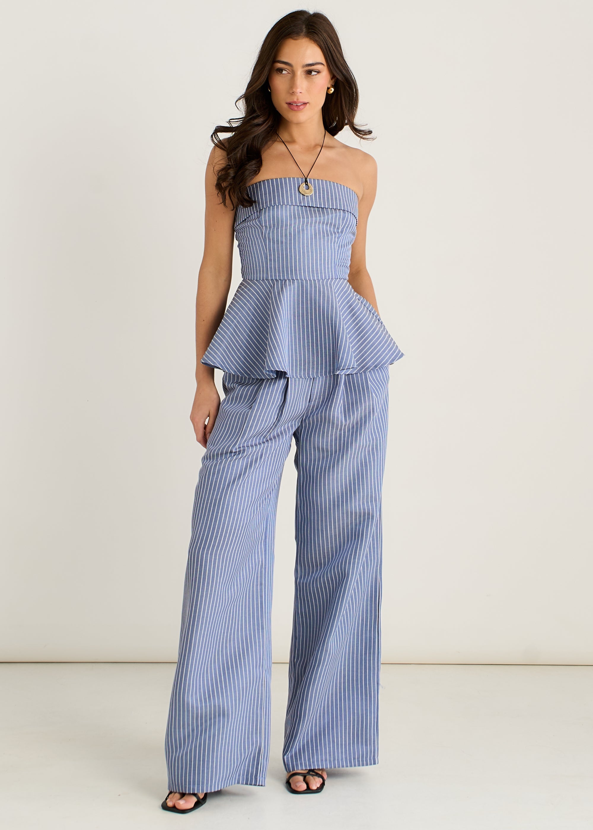 Gini London Blue Bardot Stripe Peplum Top