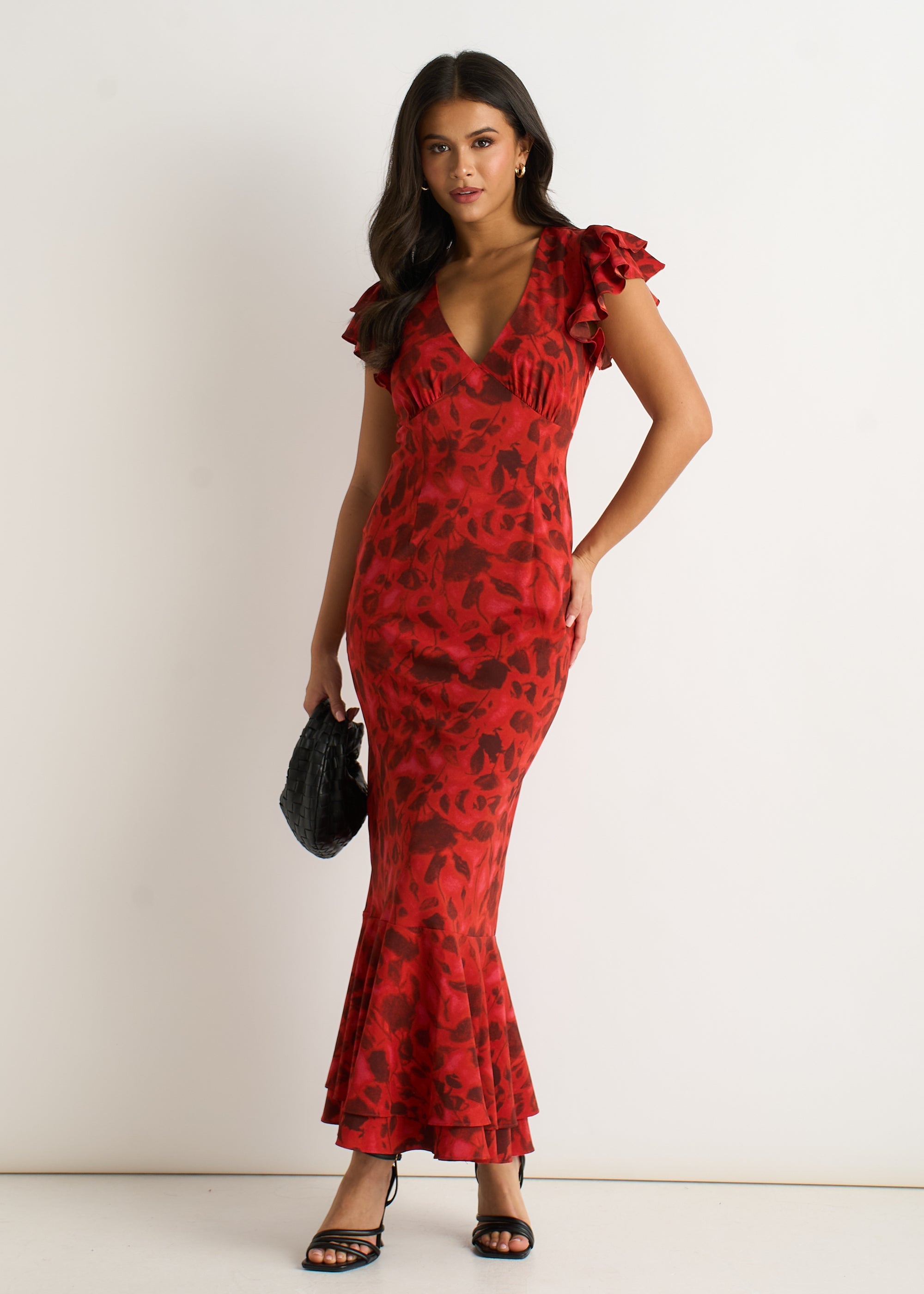 Gini London Red V Neck Floral Print Ruffle Maxi Dress