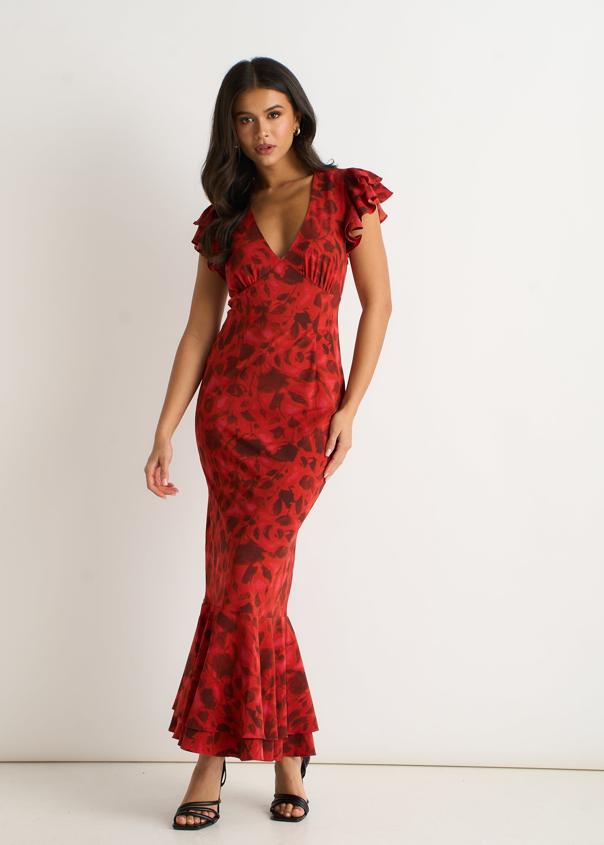 Gini London Red V Neck Floral Print Ruffle Maxi Dress