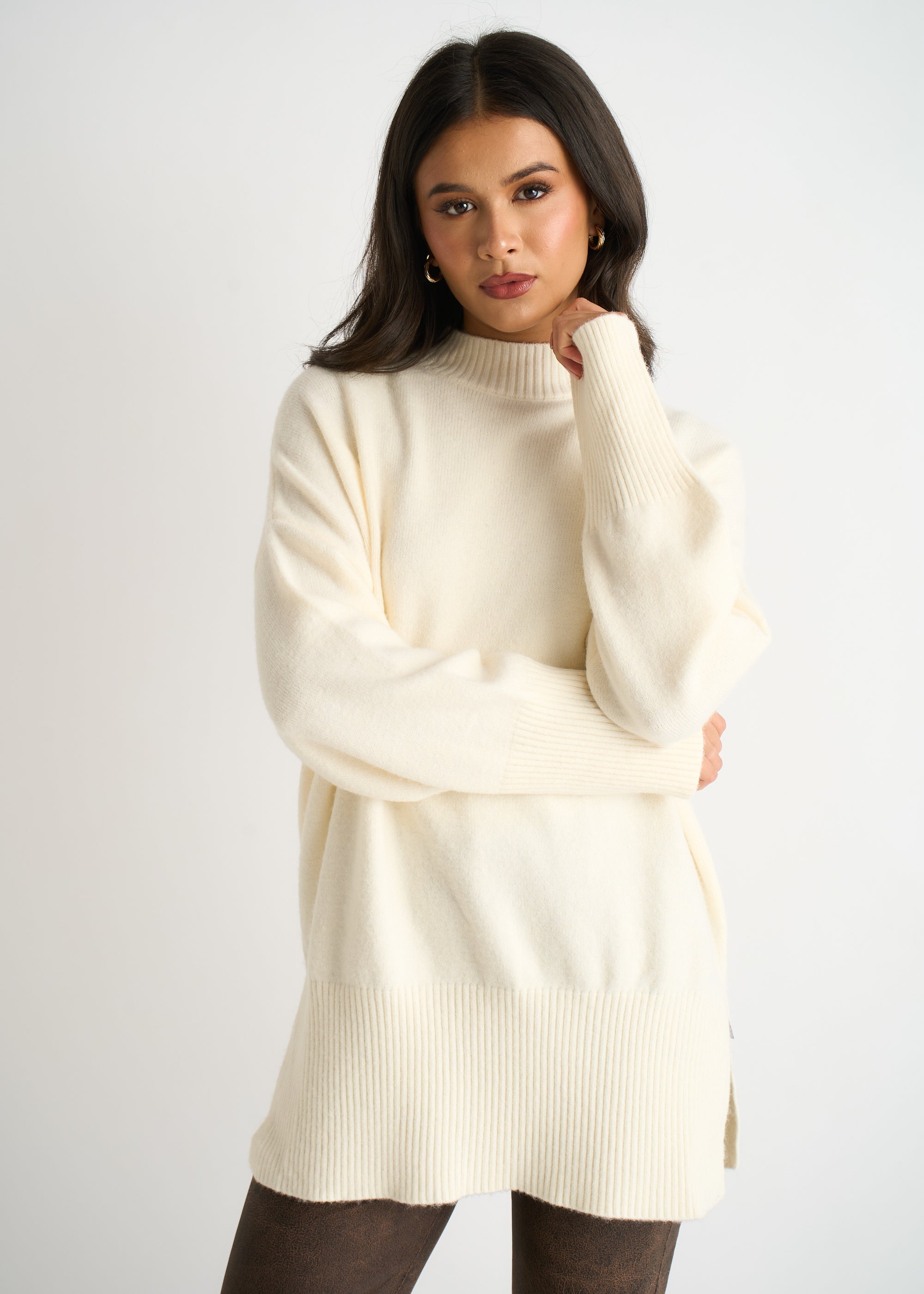 Gini London Off White Turtle Neck Oversized Knitted Jumper